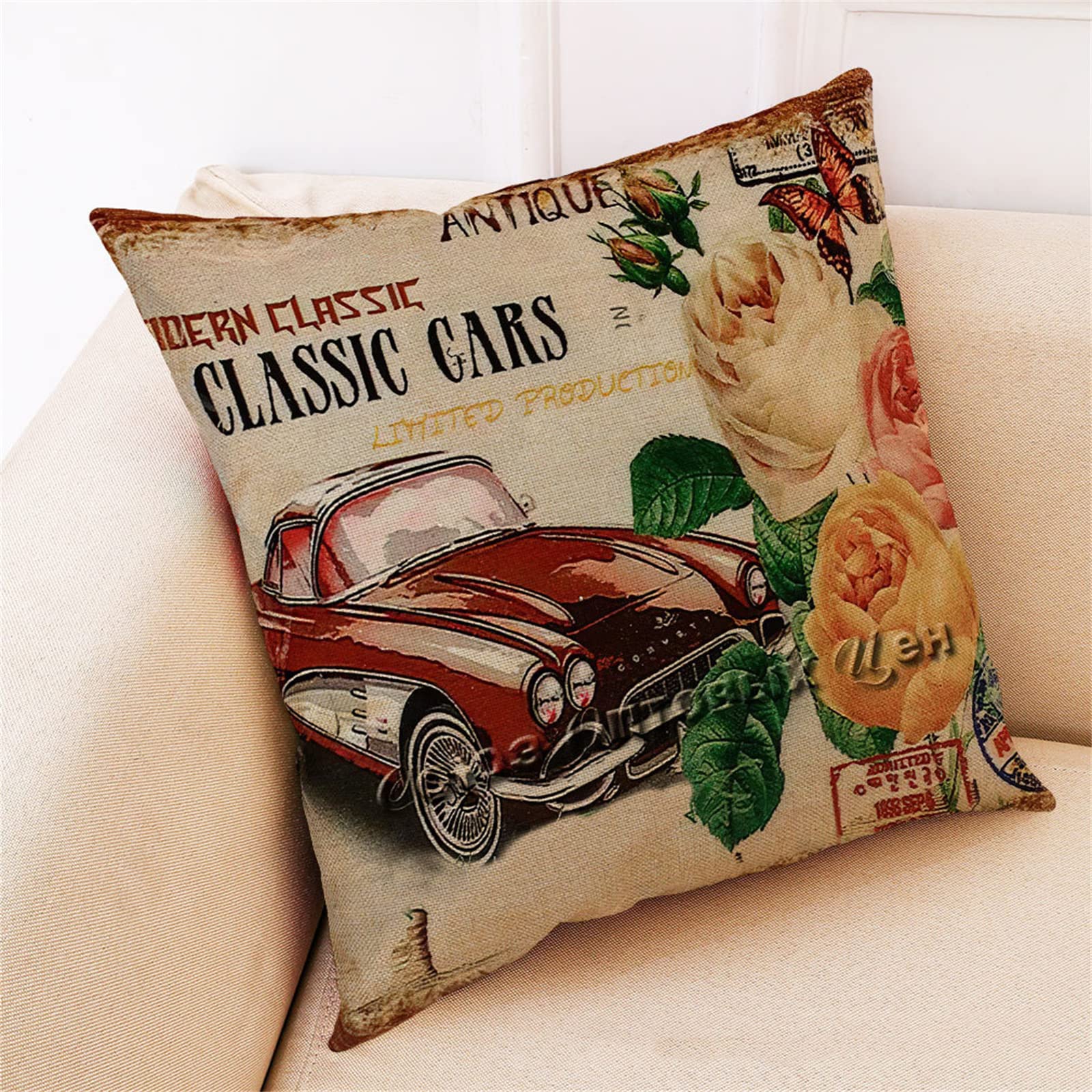 4 sztuki dekoracyjnych poszewek na poduszki, 55 x 55 cm, nowoczesna dwustronna poszewka na poduszkę do ogrodu na zewnątrz patio ławka salon sofa dekoracja domu poszewka retro samochód kwiat 56 x 55 cm