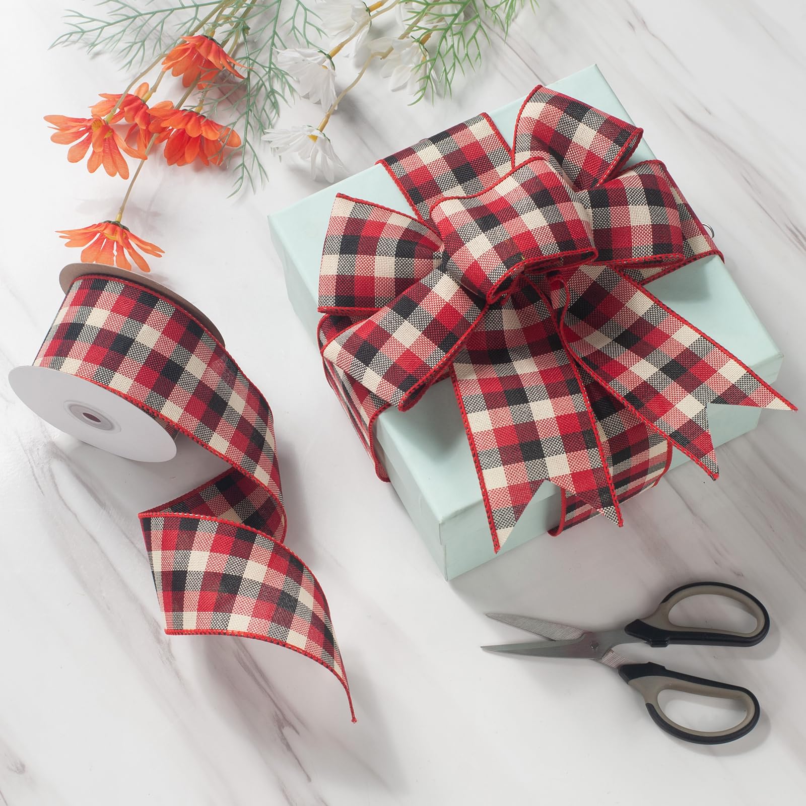 Buffalo Plaid Christmas Ribbon - 2 Rolls Red Black Wired Edge For Gift Wrapping & Decor