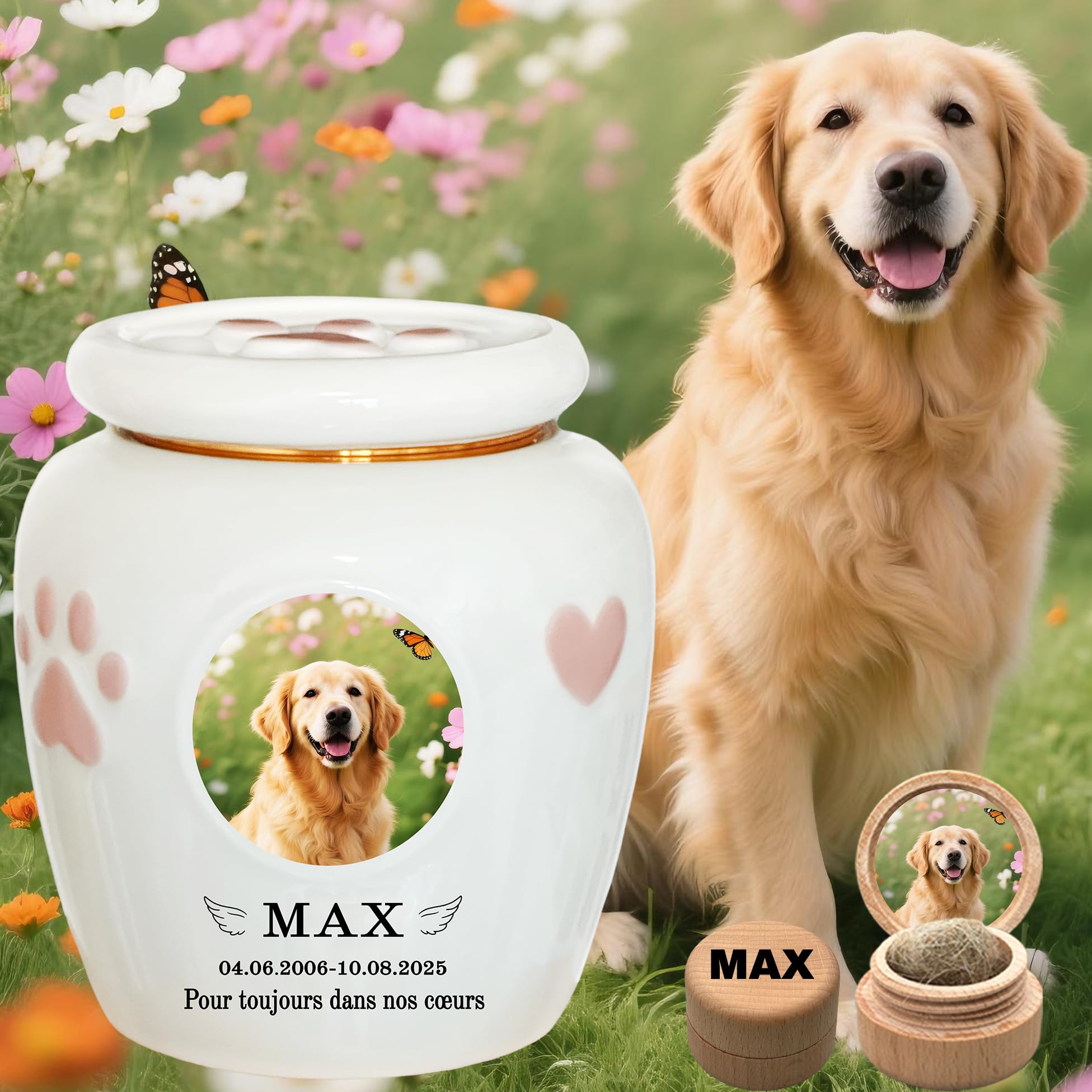Urne personnalisée pour animaux de compagnie, urne à cendres de chien, urne pour chat, boîte à souvenirs en céramique, personnalisation faite à la main (Cendres de grande taille ≤ 50 kg (pas d’os))