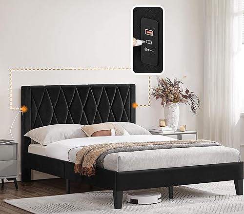 Miniatura 1 de Yaheetech Base de cama tapizada de tamaño matrimonial con cabecera y estación de cargapuerto para USB y tipo C marco de cama de plataforma de