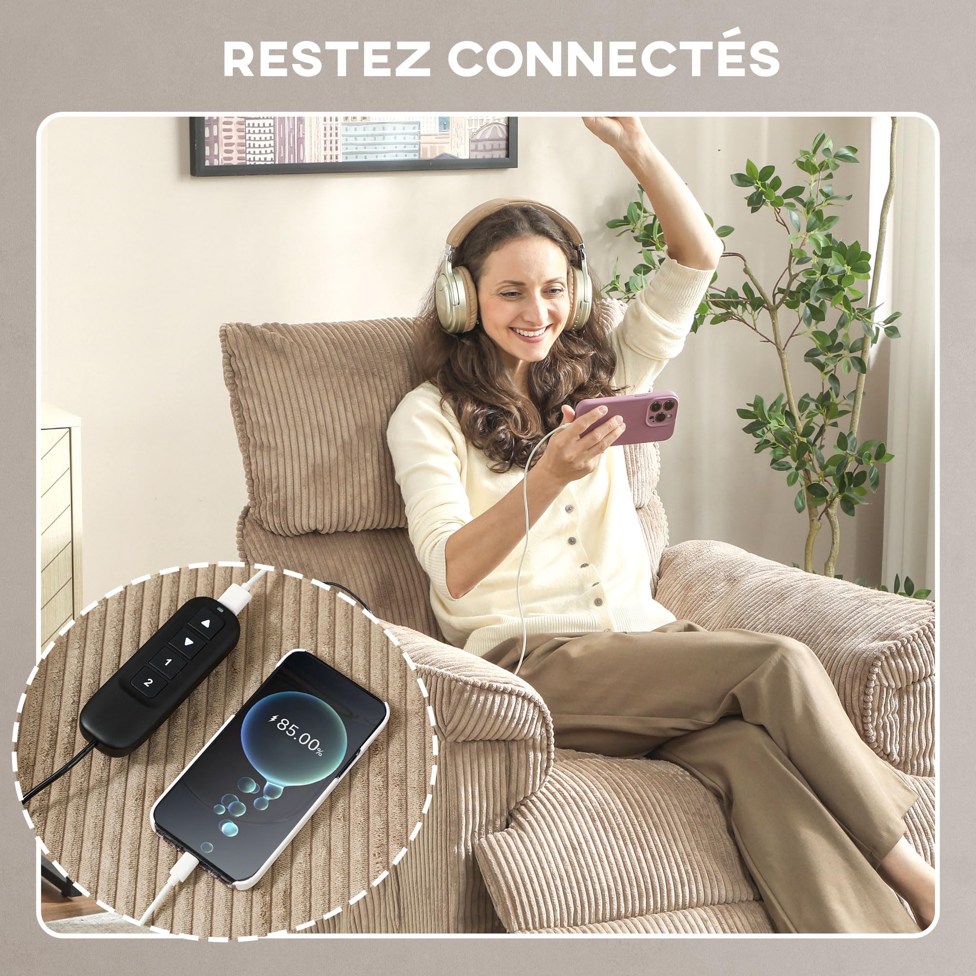 HOMCOM Fauteuil Relax Électrique Massant et Chauffant en Velours Côtelé, Fauteuil Inclinable avec Repose-Pieds, Moteur Silencieux, Mémoire, Port USB, Télécommande et Poches Latérales, Marron