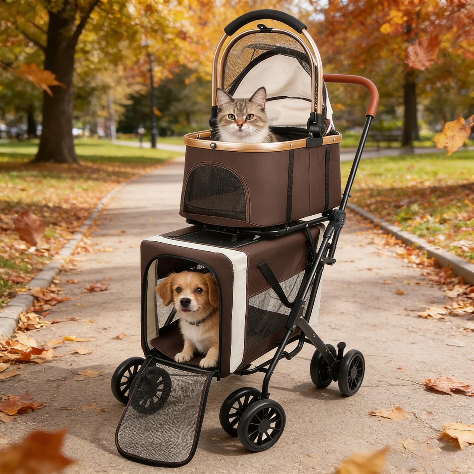 Faltbarer Transportwagen für zwei Tiere bis zu 15 kg pro Tier Transportbox Transporttasche Hundekäfig 4 stoßdämpfende Räder (Braun)
