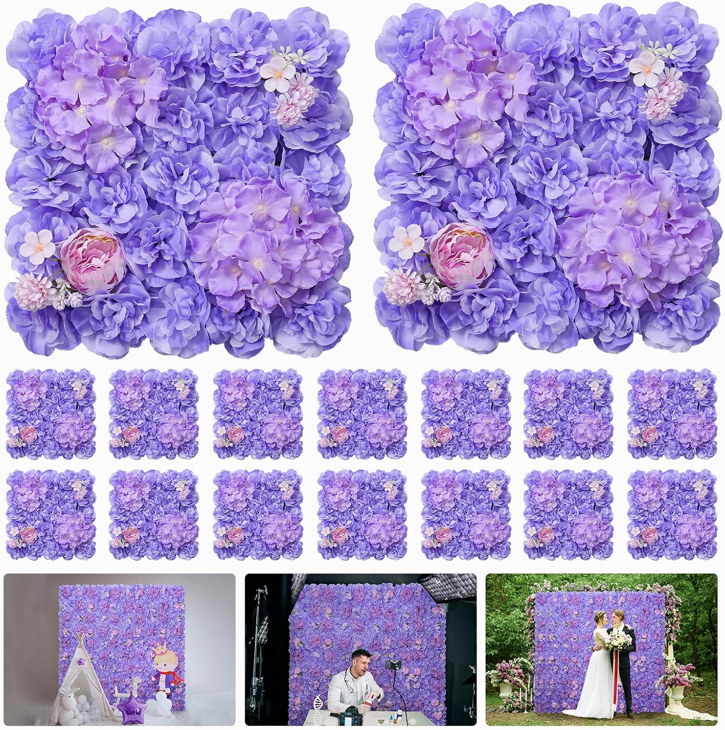 Artificial Flower Wall Backdrop 16pcs 16.5x16.5 Inch Silk Rose Artificial Floral Wall Panel Ideal for Wedding Celebrations, Festive Party Backdrops, and Elegant Home Decor-Purple Purple 16