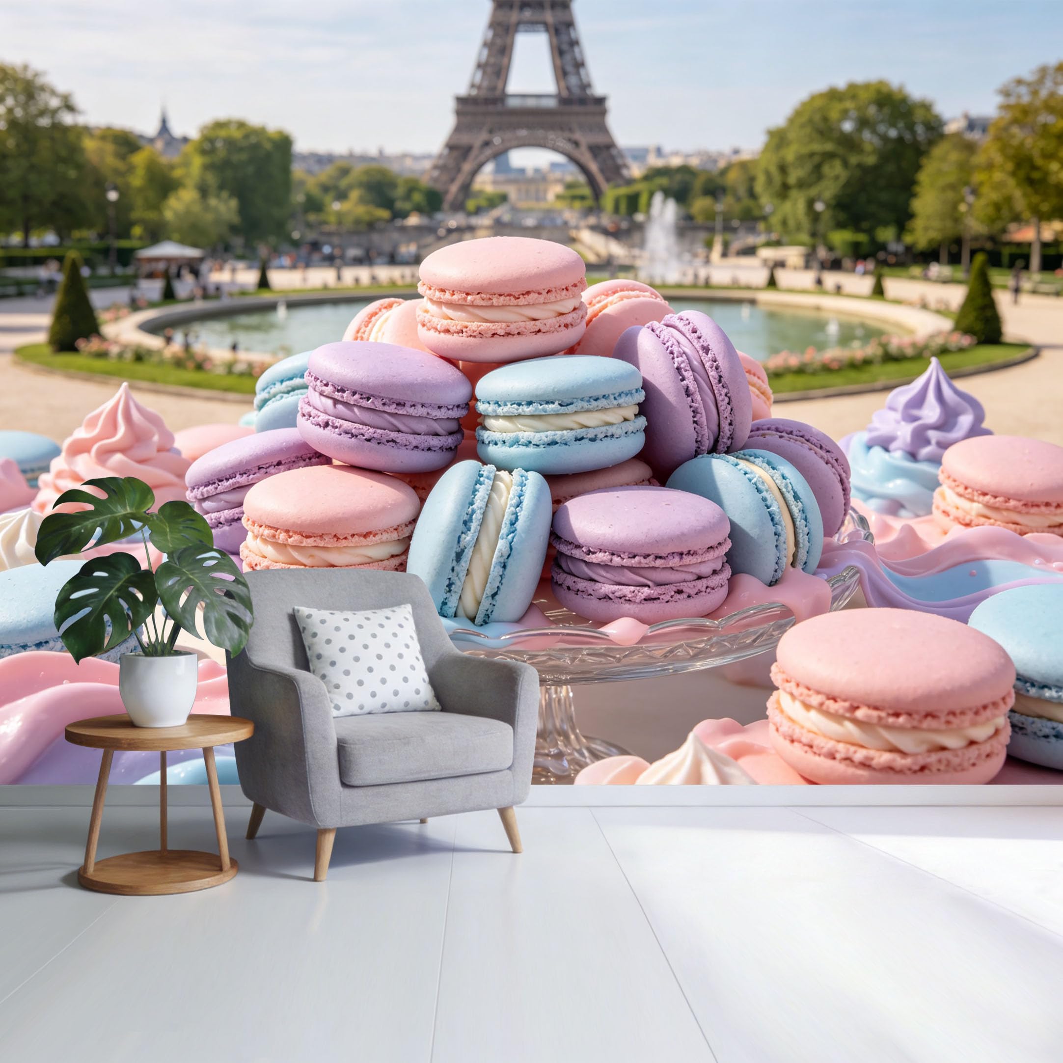 Custom Size Wall Mural Paris Eiffel Tower Pastel Macarons Dessert Landscape Watercolor Style SelfAdhesive Wall Fabric Removable Wallpaper for Home Office Decor