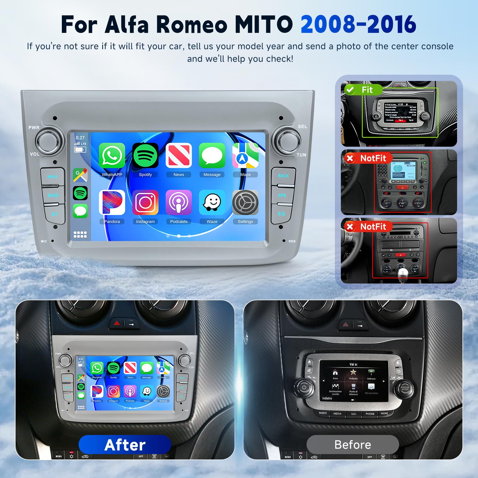 VECHTEL Autoradio 2G+64G Android 15 per Alfa Romeo MITO 2008-2016, 7 Pollici HD Schermo Tactile Stereo Auto co Carplay Android Auto senza Fili DAB+ GPS Wi-Fi Bluetooth 2USB Radio FM RDS Retrocamera