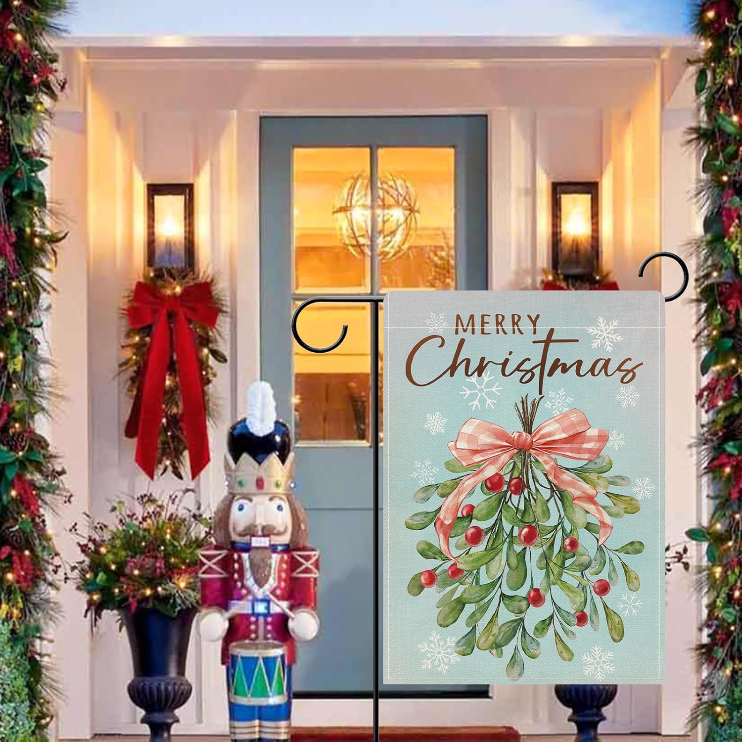 Dyrenson Merry Christmas Holly Berries Decorative Garden Flag, Mint Green Xmas Plaid Bow Ribbon Yard Outside Home Decoration, Winter Holiday Snowflake Burlap Outdoor Small Decor Double Sided 12 x 18 - Image 5