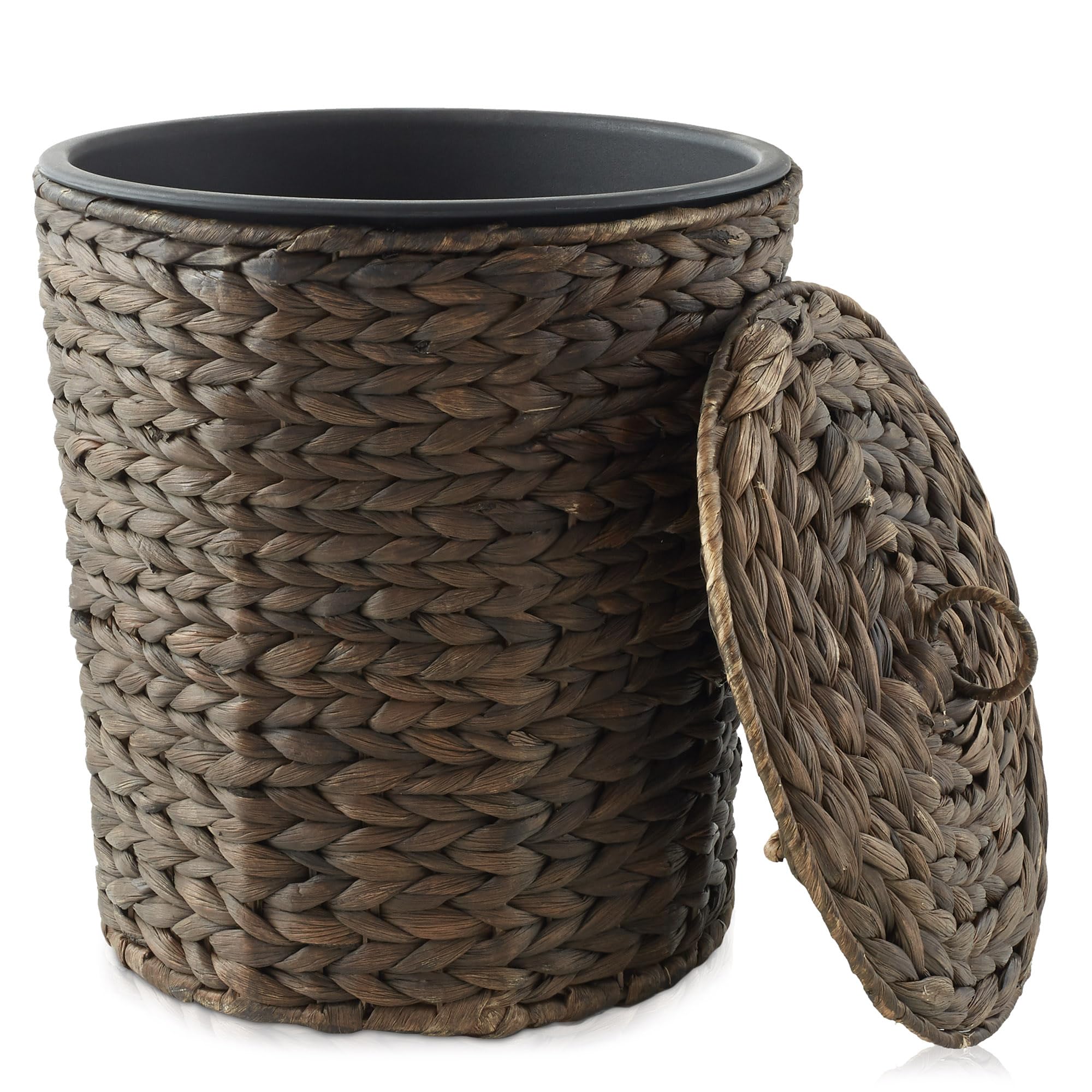 Casafield Water Hyacinth Trash Can with Lid and Liner - Espresso Woven Waste Basket for Bathroom Bedroom Laundry