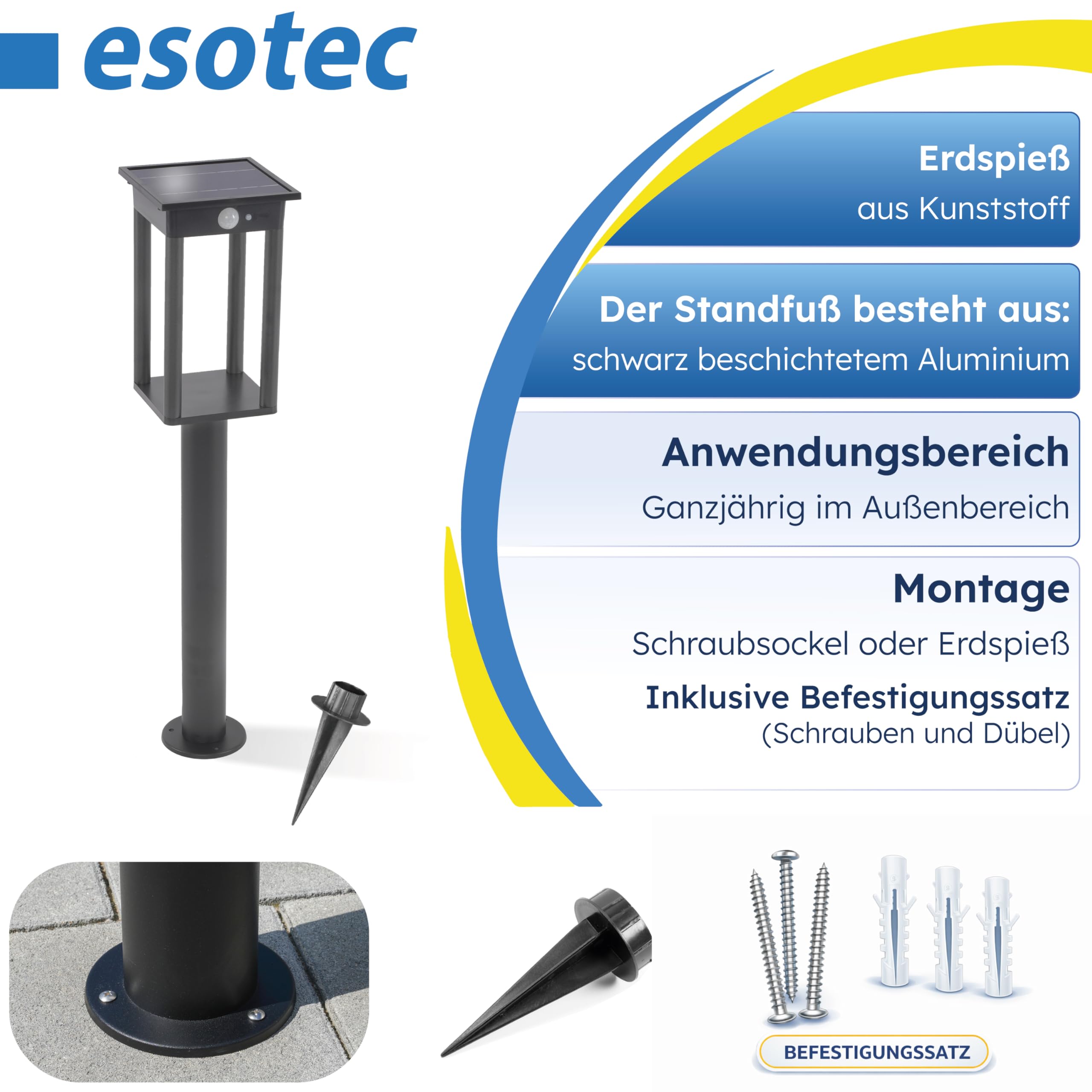 Esotec Solar Laterne Standleuchte Wegeleuchte Termoli 66, PIR, ALU 102757