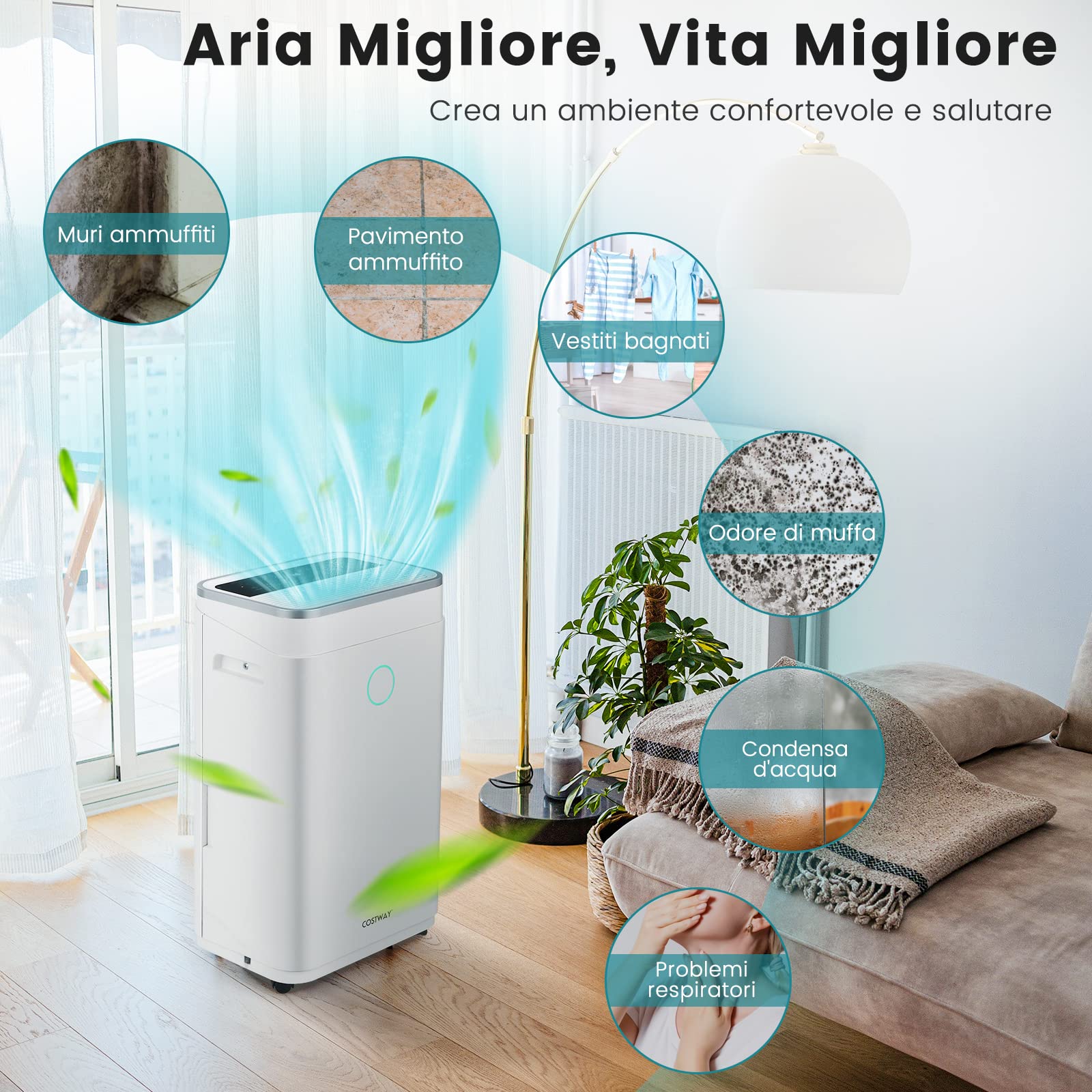 COSTWAY Deumidificatore Casa 25 L al Giorno, con Tubo di Scarico, Scarico Automatico o Manuale, Timer 24 ore, Protezione Straripamento e Serbatoio dell’Acqua 6,5 L per Spazi Fino a 30 m2