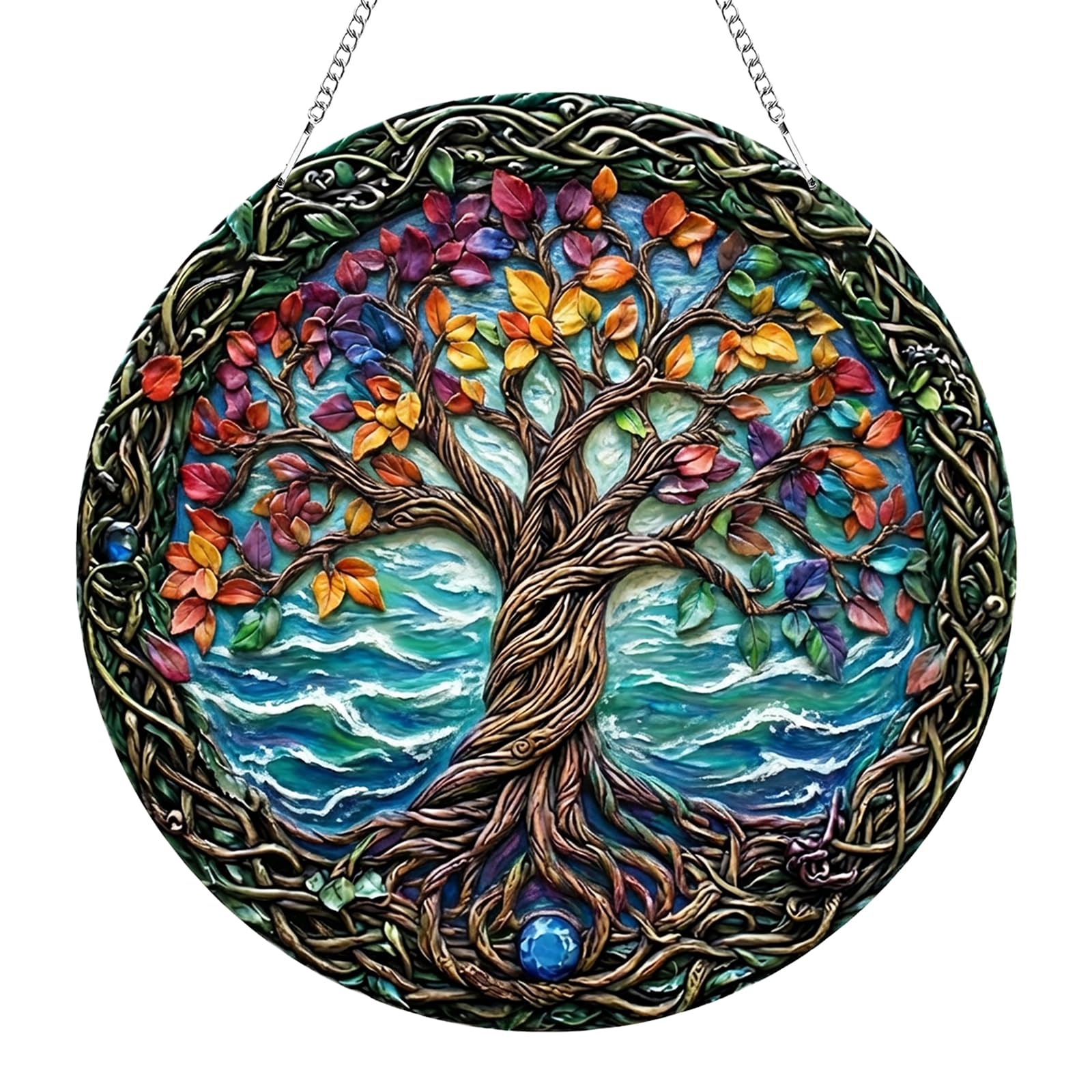 Tree of Life Sun Catchers for Windows, Acrylic Tree of Life Suncatcher, Stained Glass Hand-Painted Window Hanging Ornament, 2D Flat Hanging Garden Ornament Suncatchers for Home Window Wall Decoration