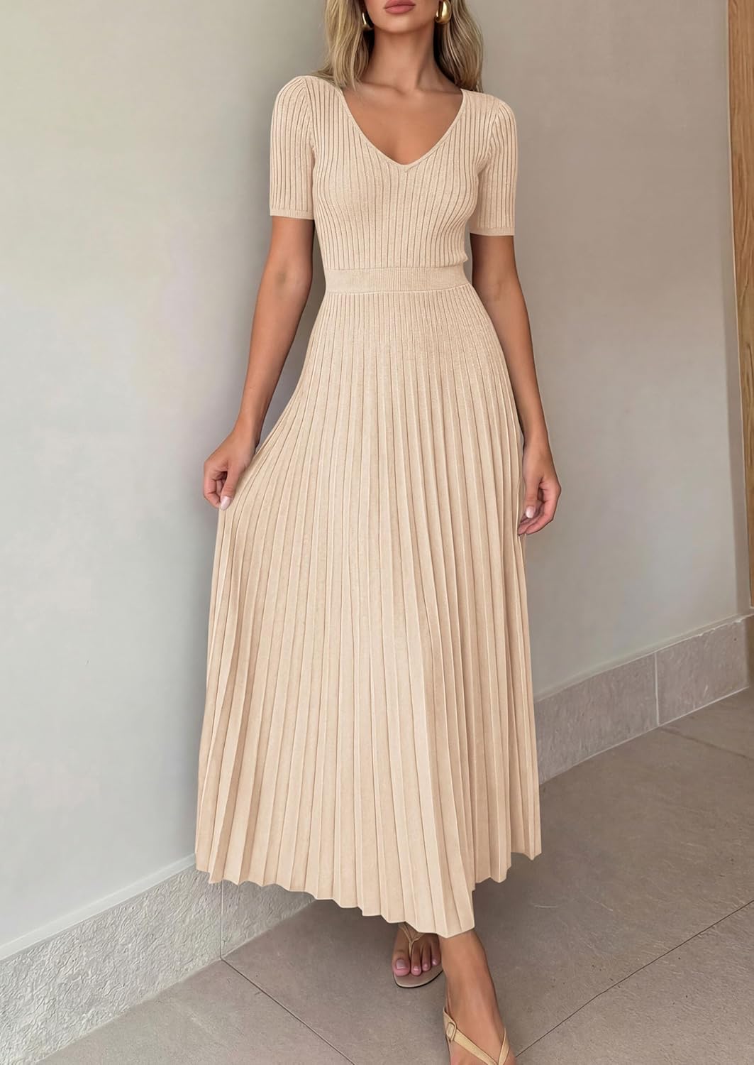 PRETTYGARDEN Women's 2026 Spring Midi Sweater Dresses Elegant Pleated Ribbed Knit Short Sleeve V Neck A Line Summer Outfits - Image 3