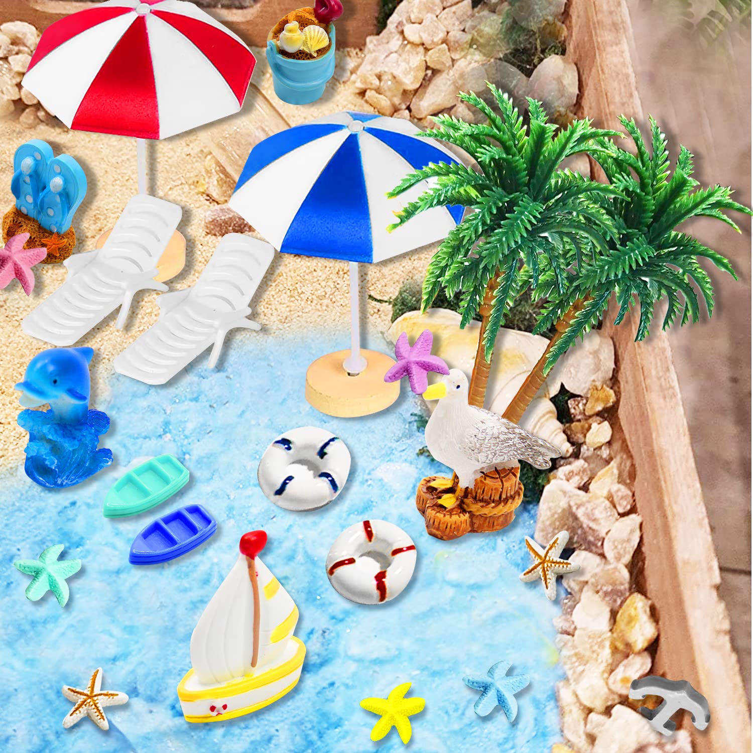 Set 16 Miniature Spiaggia - Ombrelloni, Sdraio, Palma Per Diorami E Decorazioni Fai Da Te - Foto 5