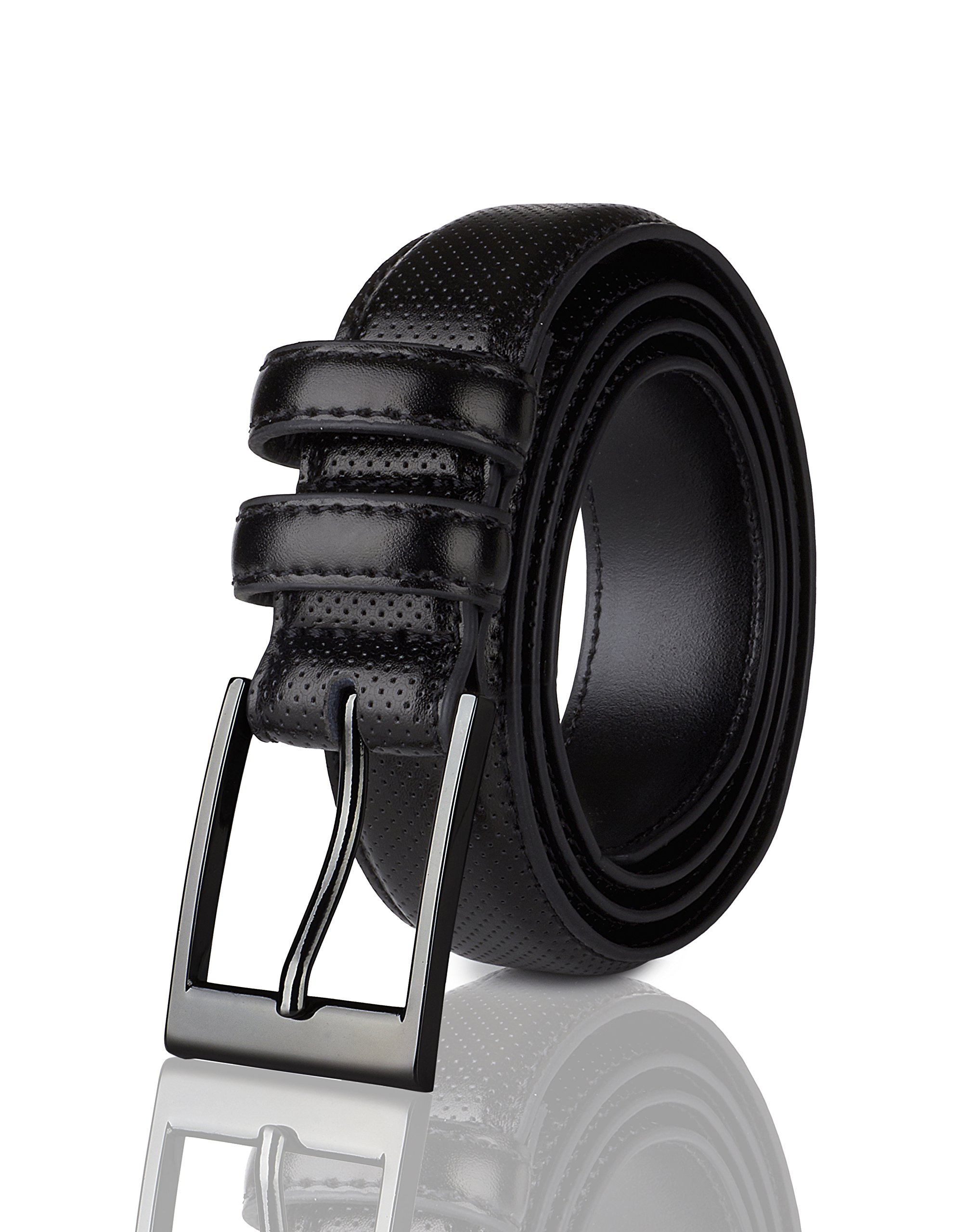 Sportoli Men's Classic Stitched Genuine Leather Uniform Dress Buckle Belt - Black Perforated - Size 38 (Waist 36)