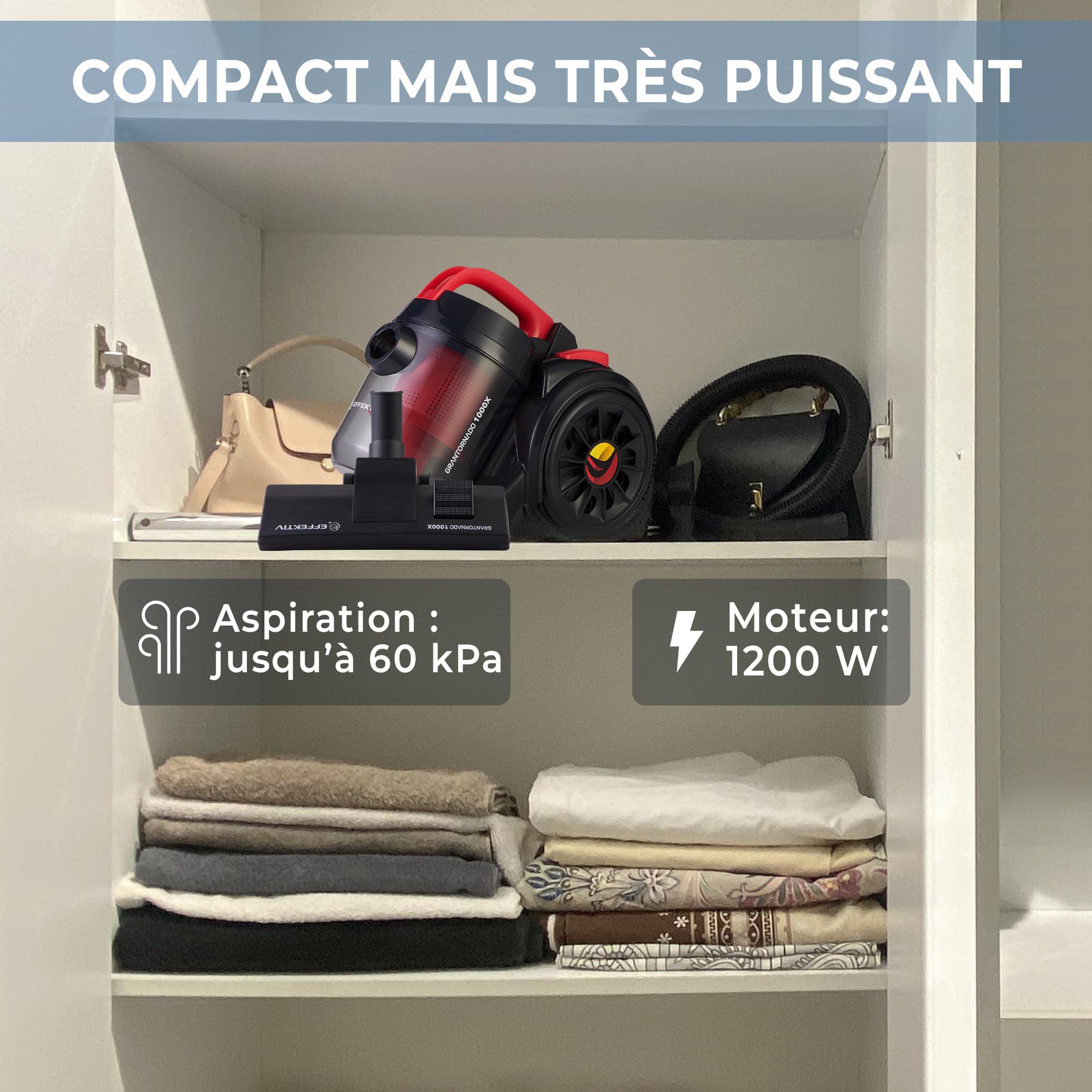 EFFEKTIV Aspirateur sans Sac GranTornado 1000X, MultiCyclonic 1200W Puissant Compact Aspirateur Traineau, Puissance 85000Pa, Capacité 2.5L, Silencieux 76dB, Filtre HEPA, Càble de 3m, Special Animaux