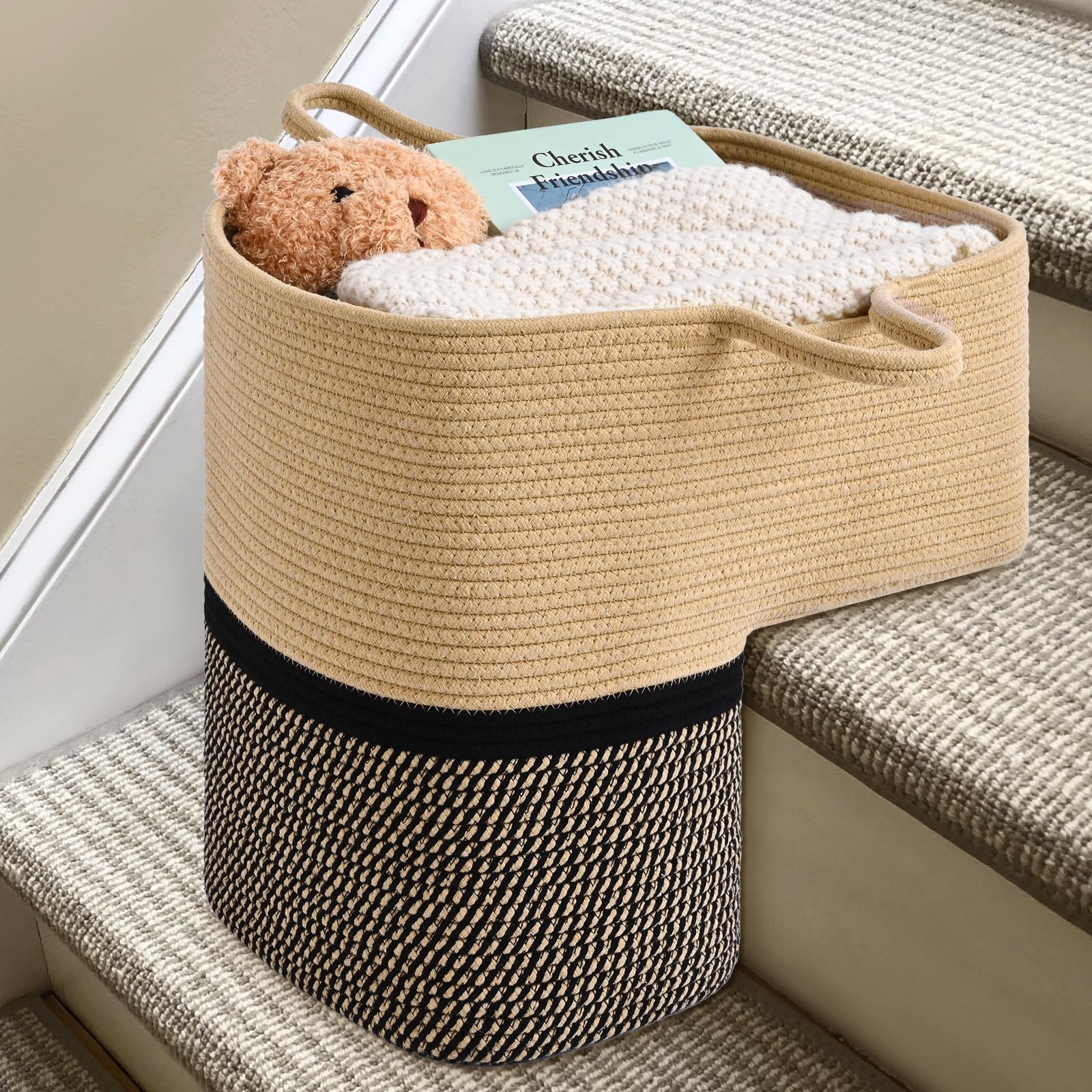 Stair Basket for Wooden &amp; Carpeted Stairs, Foldable Cotton Rope Step Basket with Handles, Staircase Storage Organizer, Brown&amp;Black, 15" Lx 10" W x 15" H
