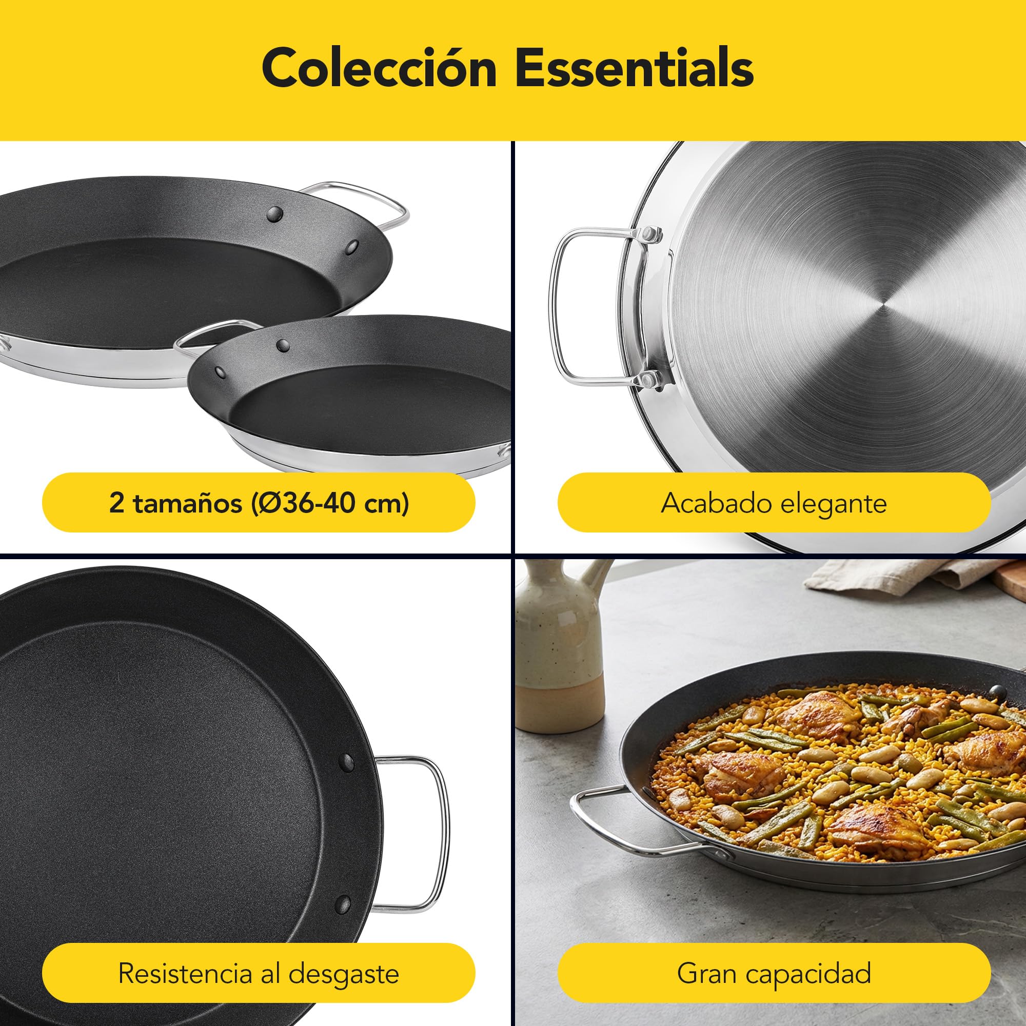 Castey - Paellera Inox Essentials, EA-V36, Color plata, 36 cm, Acero inoxidable, Recubrimiento antiadherente, libre de PFOA, Apta para todas las cocinas.