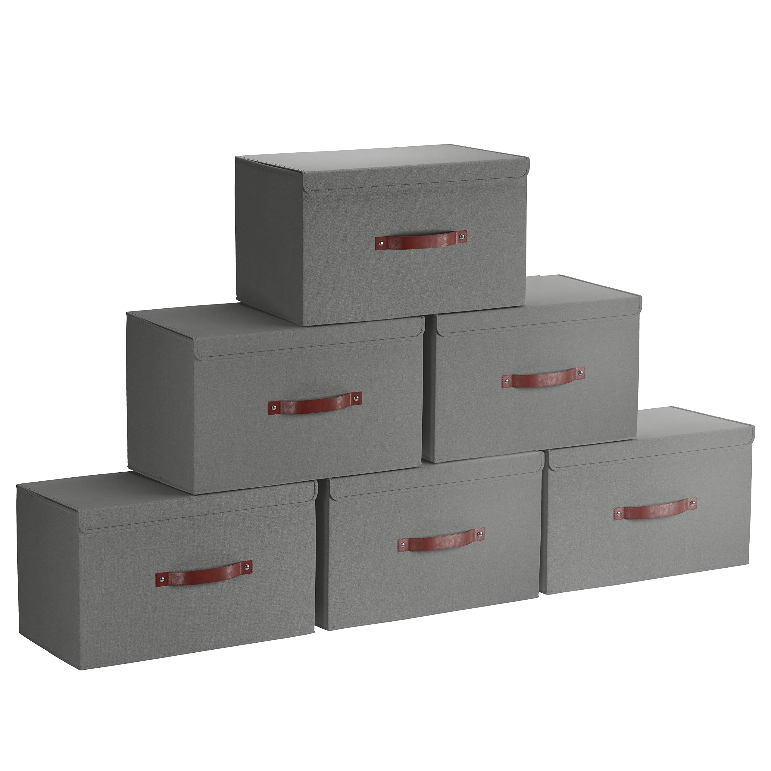 Ornavo Home6 Pack Collapsible Storage Bins with Lid, Foldable Linen Fabric Shelf Storage Basket Closet Organizer and Large Storage Box for Clothes with Leather Handles, 16.5 x 11.8 x 7.5, Gray