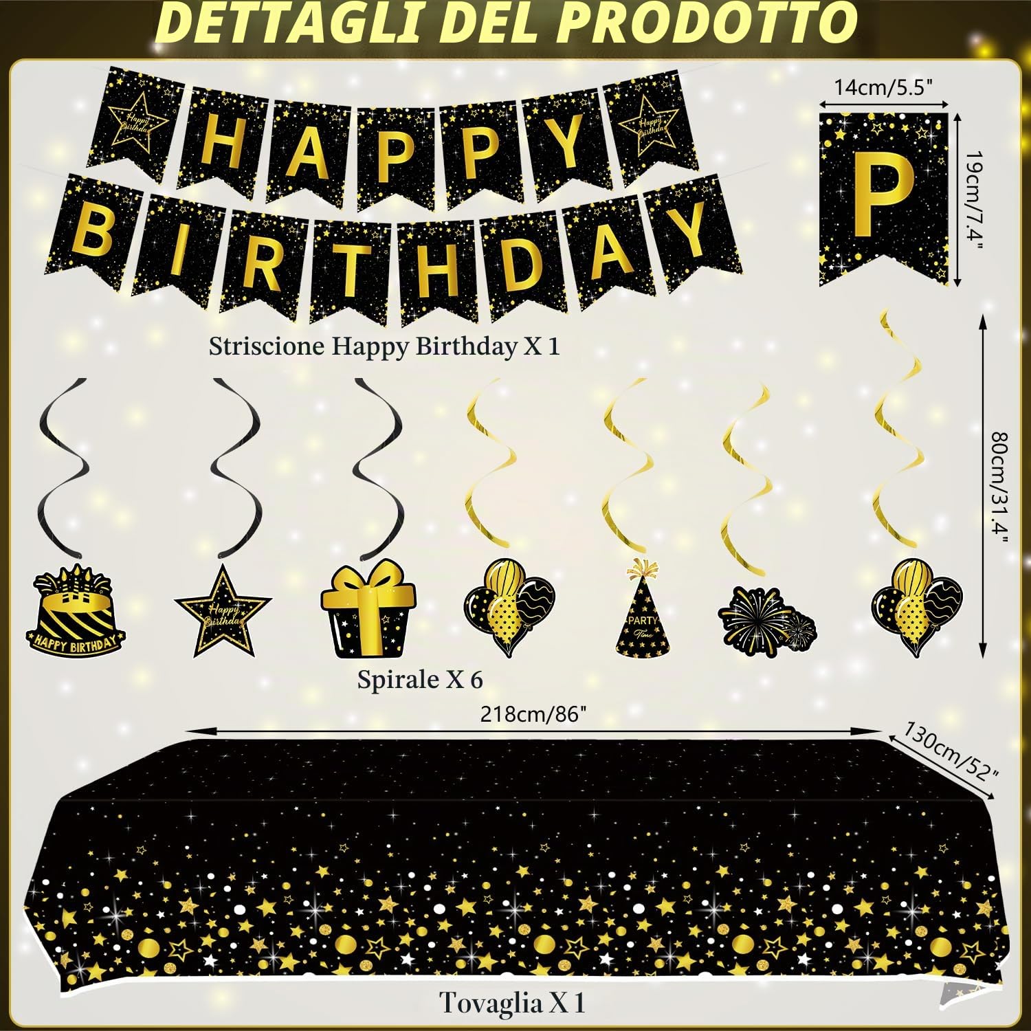 Decorazioni per feste di compleanno nere e dorate, con striscioni, piatti, decorazioni per torte, bicchieri, tovaglioli, palloncini, tovaglie, per 20 persone (LQ)
