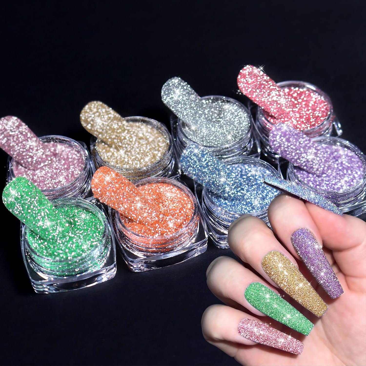 Reflective Glitter Powder Set, 8 Colors Diamond Nail Glitters Dust Shiny Sugar Nail Dipping Pigment Nail Supplies for Nail Art Gel Polish Crafts Disco Party Nightclub Wedding