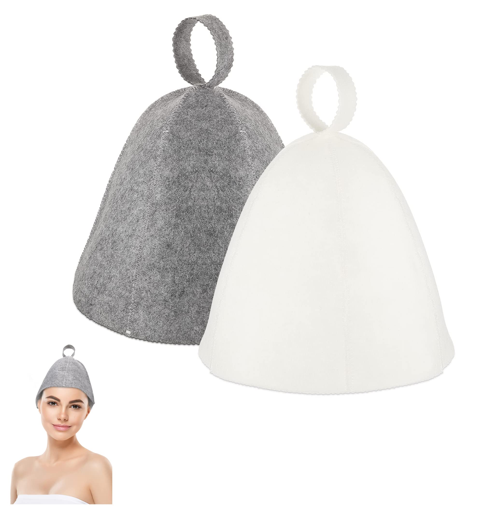 BIGTHREE Sauna Hat with Hang Loop 2 Pcs, Felt Bath Hat Sauna Room Bathroom Protect Your Head from Heat, Accessories for Sauna on The Street Steam Room, Sauna Cap for Women and Men, Black and White