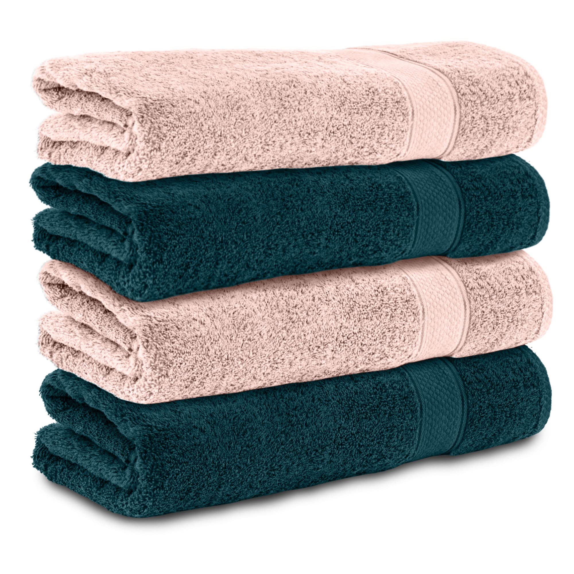 Komfortec Juego de 4 toallas de ducha de 70 x 140 cm, 100 % algodón, 470 g/m², rizo, suave, color azul petróleo/rosa