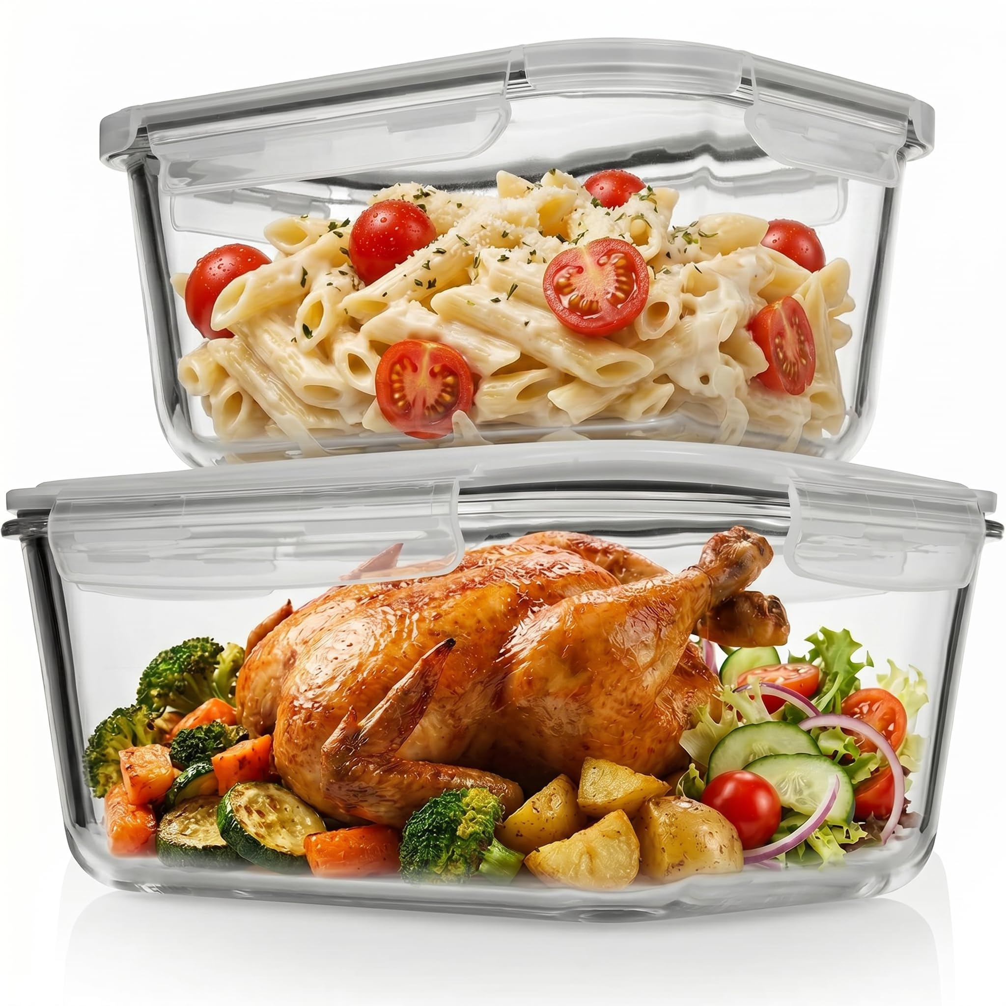 Razab XLarge y Large Contenedor de almacenamiento de alimentos de vidrio (2700 ml, 90 onzas y 1520 ml56 onzas) con tapa de bloqueo, para almacenar alimentos en refrigerador o congelador, cazuela