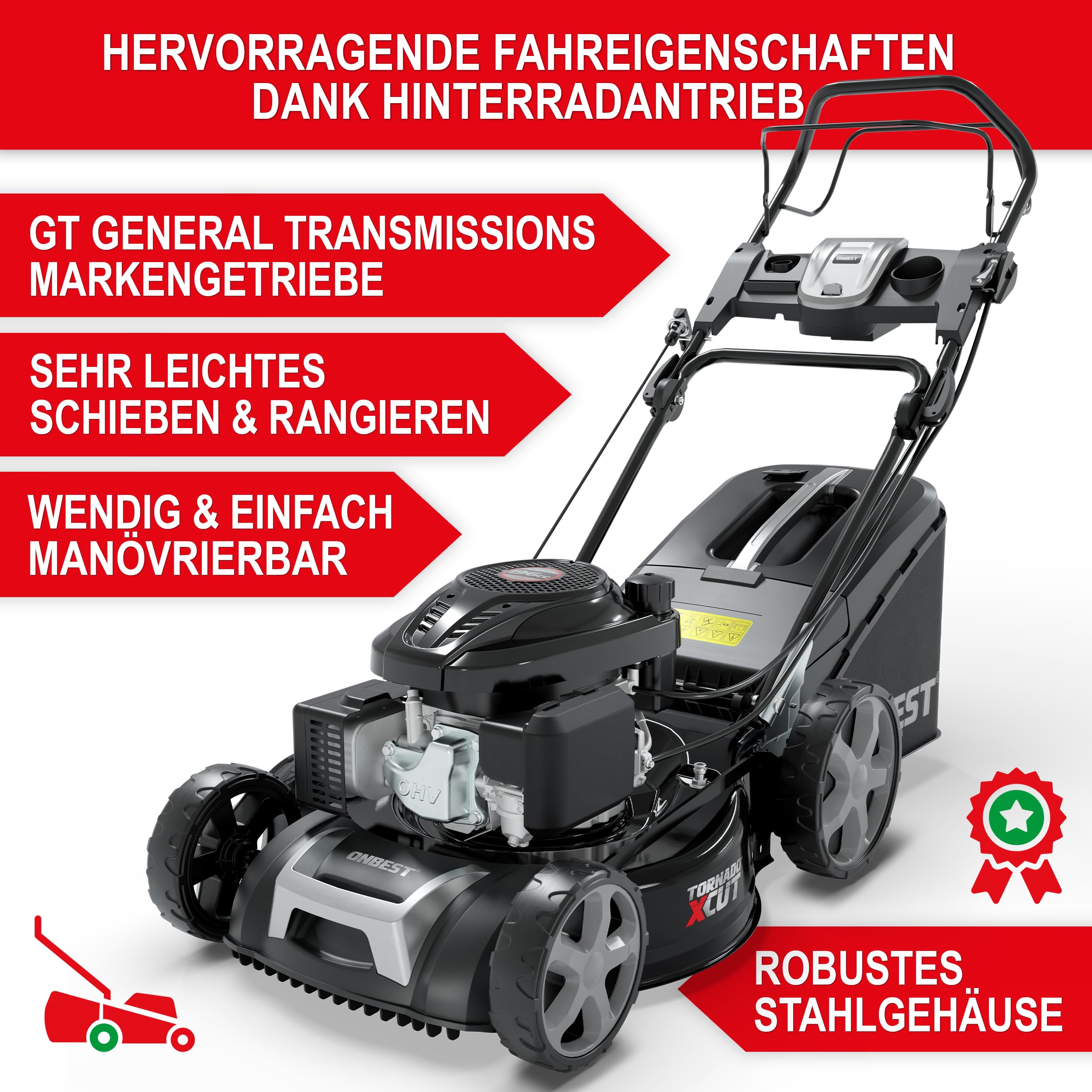 ONBEST 5IN1 Benzin Rasenmäher 6,5 PS – 51 cm mit Radantrieb | 196 cm³ 4-Takt Motor mit 4-Klingen-Schneidsystem, 60 L Fangkorb, Seitenauswurf und großer Schnittbreite