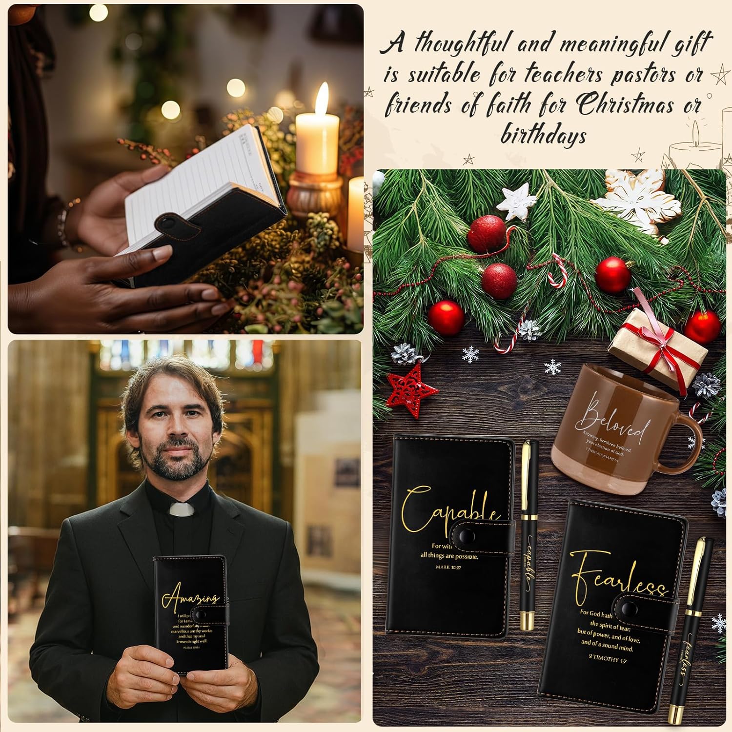 18 Pcs Christian Gift Set for Women Men, 13oz Bible Verse Ceramic Coffee Mugs with Leather Journal Pen Inspirational Mom dad Religious Gifts for Office Coworkers Pastor Church(Retro Black) - Image 6