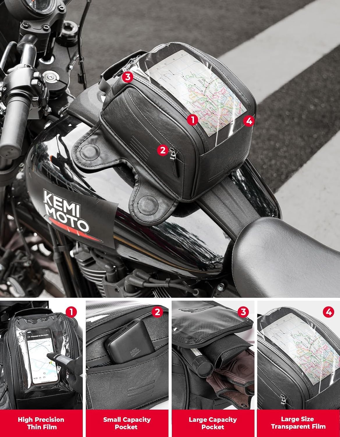 KEMIMOTO 7L Magnetic Motorcycle Tank Bag, PU Leather Water-Resistant Tank Bag with 8 Strong Magnets, Large Touchscreen Phone Film Motorbike Fuel Tank Storage Bag