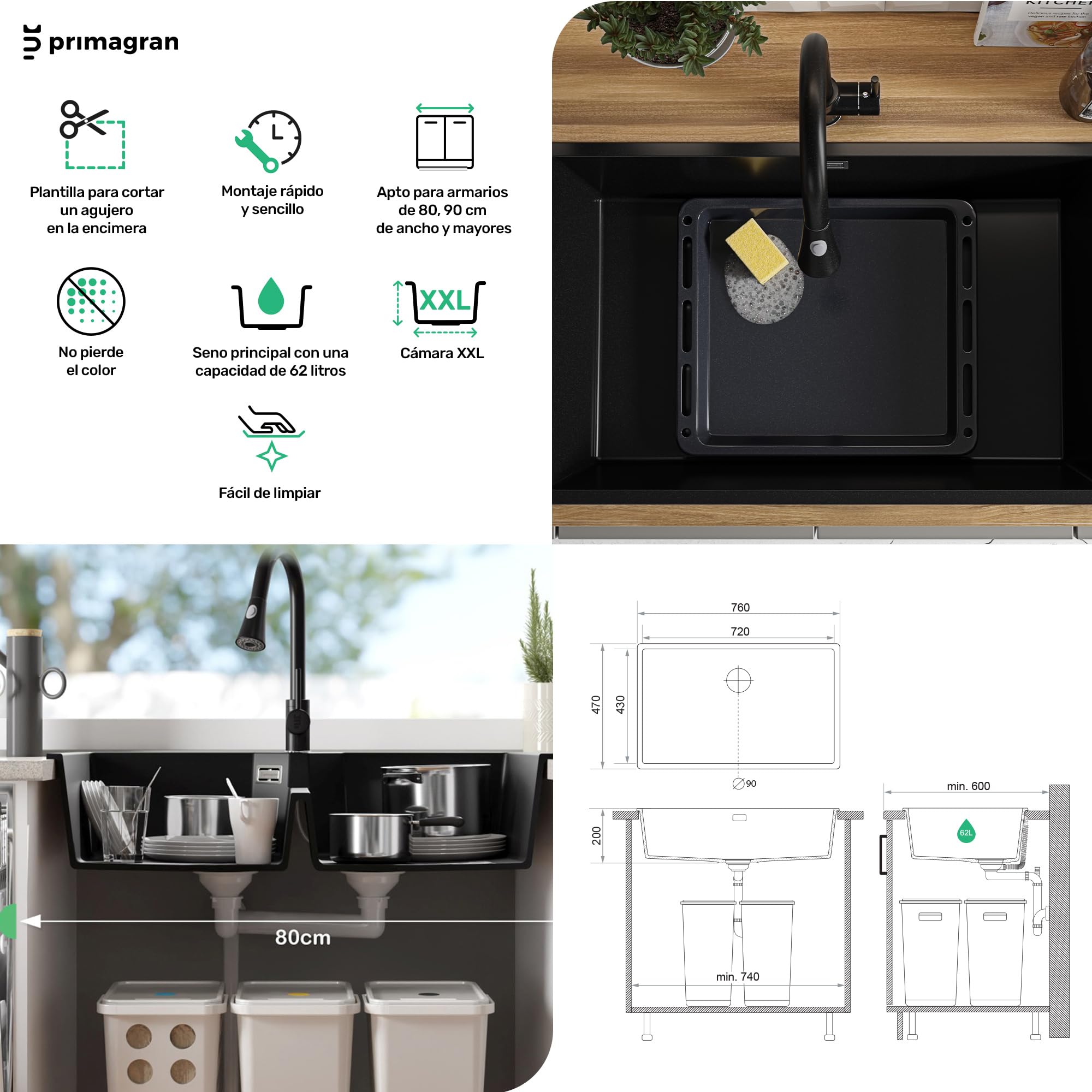 PRIMAGRAN Fregadero Granito Todo Negro 76x47cm, Cocina 1 Seno + Grifo 40x20cm + Sifón + Enrollable Escurridor, Sobre Encimera al Mueble 80cm - London Slim S531