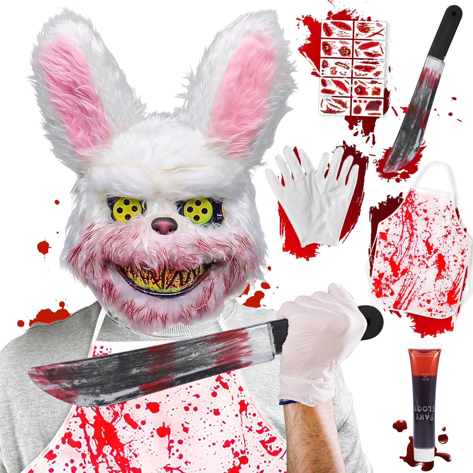 SaiXuan Disfraz Conejo Sangriento Halloween Adulto – Máscara Conejo Terror con Delantal Ensangrentado, Cuchillo Falso, Guantes, Sangre y 10 Tatuajes, Set Completo de Disfraz Halloween Cosplay Horror