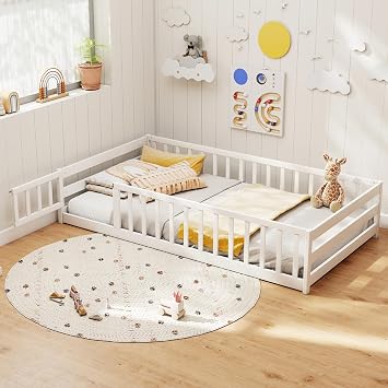 KOMFOTT Twin Size Wood Floor Bed with Door & Fence, Montessori Bed Frame with Full Length Safety Guardrails, Door & Latch, Wooden Montessori Floor Bed for Kids, Girls, Boys White, Twin