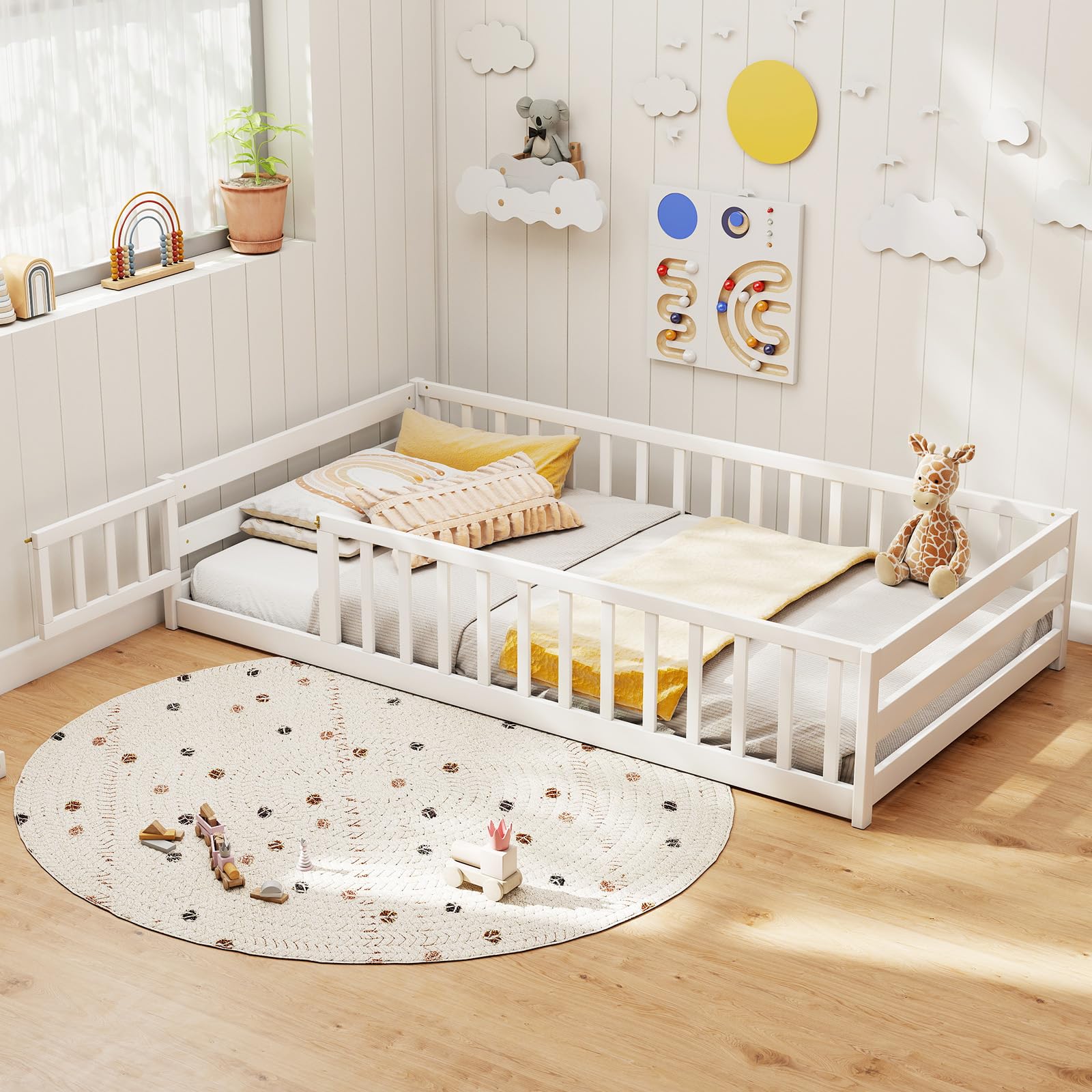 KOMFOTT Twin Size Wood Floor Bed with Door & Fence, Montessori Bed Frame with Full Length Safety Guardrails, Door & Latch, Wooden Montessori Floor Bed