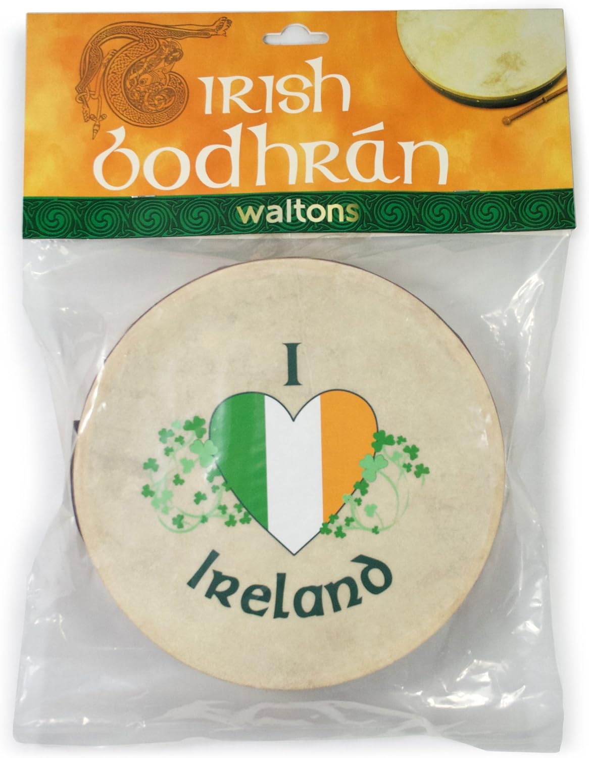 Waltons 8 Inch 'I Love Ireland' Bodhrán - Handcrafted Irish Instrument - Crisp & Musical Tone - Hardwood Beater Included w/Purchase