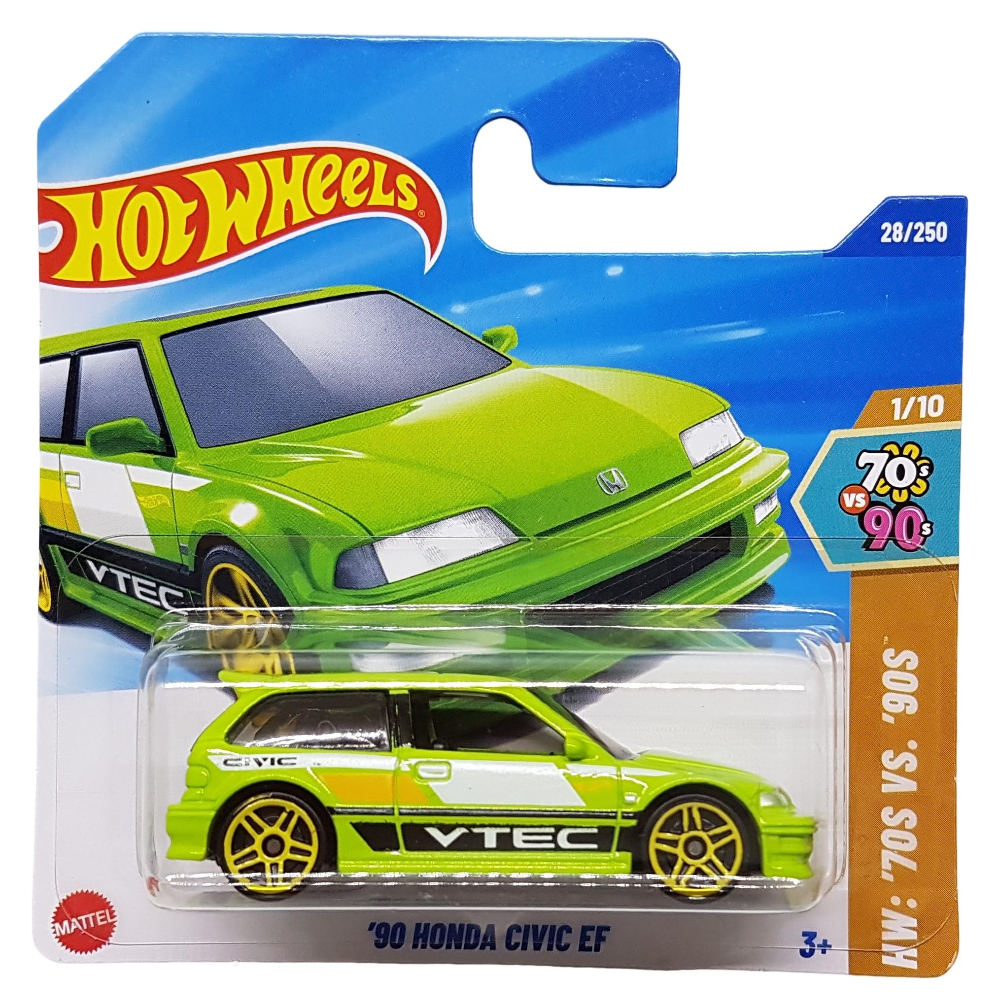 Hot Wheels Honda Civic EF HYX90 70s vs 90s 1/10 Short Card VTEC Neon Green Honda Licence Mattel 2025 1:64
