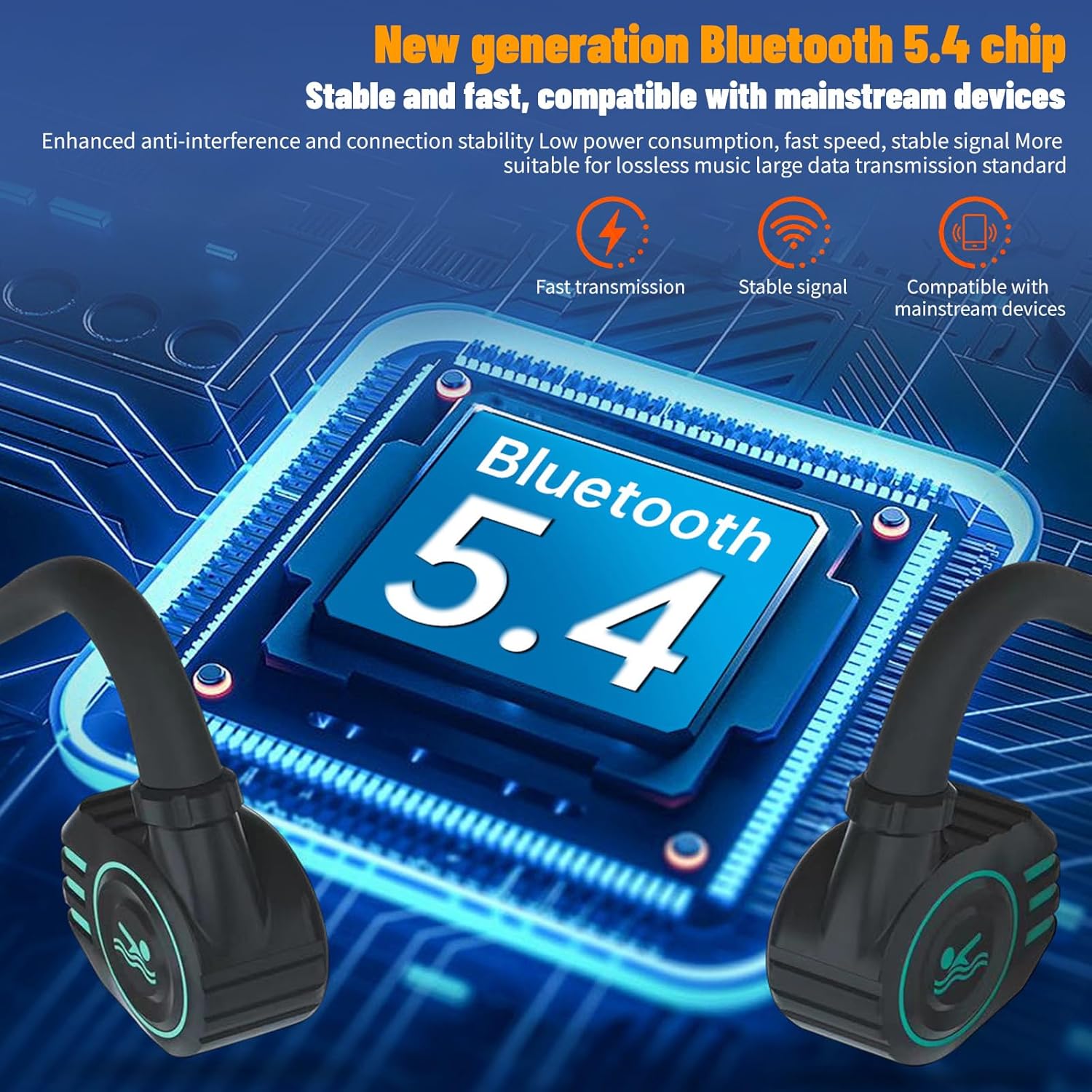 Diagram showing Bluetooth 5.4 chip with features like fast transmission, stable signal, and compatibility.