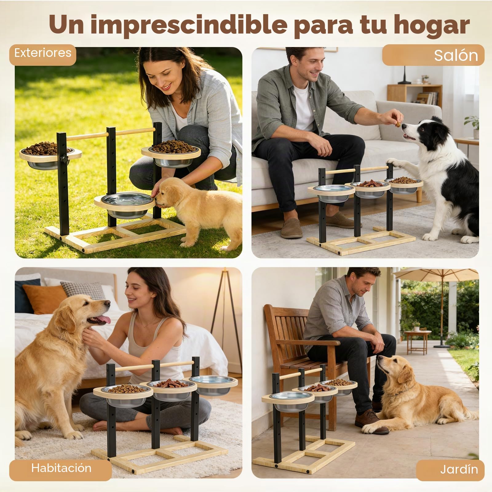 Cuenco Elevado para Perros, 5 Cuencos Ajustables en Altura con 3 Cuencos de Acero Inoxidable de 1400 ml y Cuencos elevados de Madera para Perros, Soporte para comedero