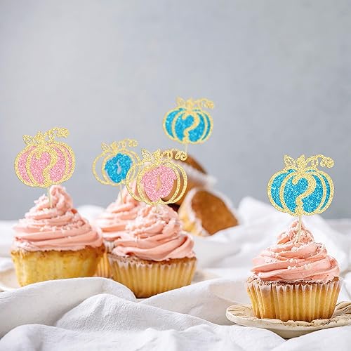 Miniatura 6 de 24 piezas de calabaza revelación de género para cupcakes con purpurina de calabaza pies de bebé, selecciones de cupcakes para niños o niñas,