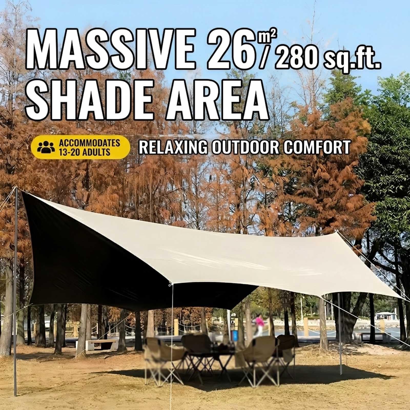 Tende Parasole Mare, Tarp Esterno Impermeabile, 4.4x4.5/4.4x5.6m Telo Campeggio Portatile Antipioggia Per Trekking E Protezione Solare Con 2 Pali(Gold,560x440cm)
