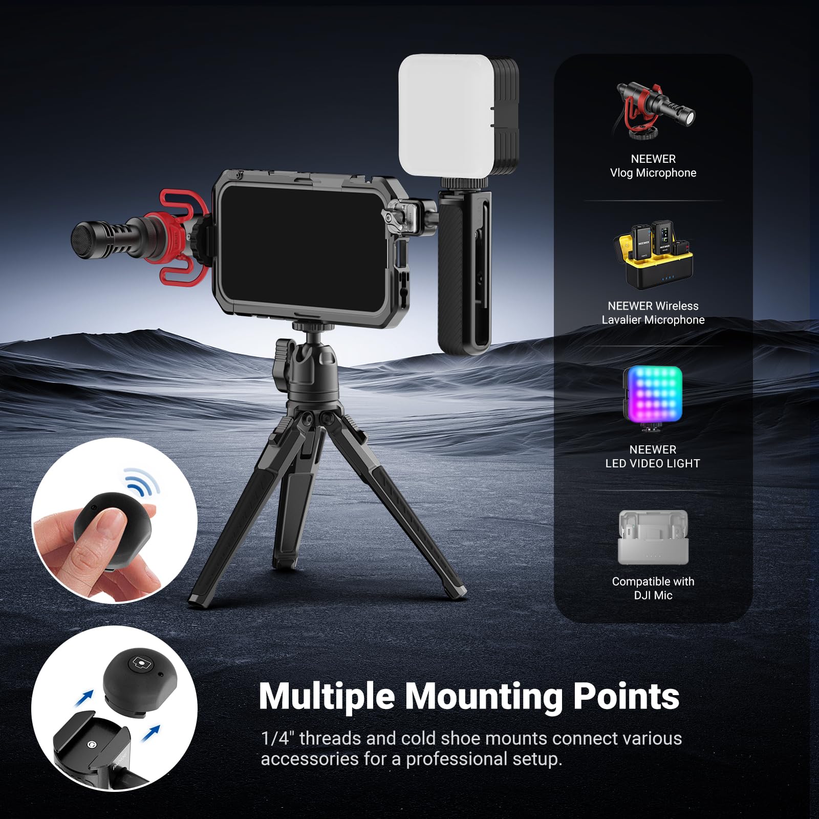 NEEWER Kit Jaula Movil Compatible con iPhone 17 Pro, Accesorio Estabilizador para Vídeo con 67mm Anillo Filtro, 17mm & T Mount Placa Trasera Objetivo, Asa Bluetooth Liberación Rápida, PA143 (Negro)
