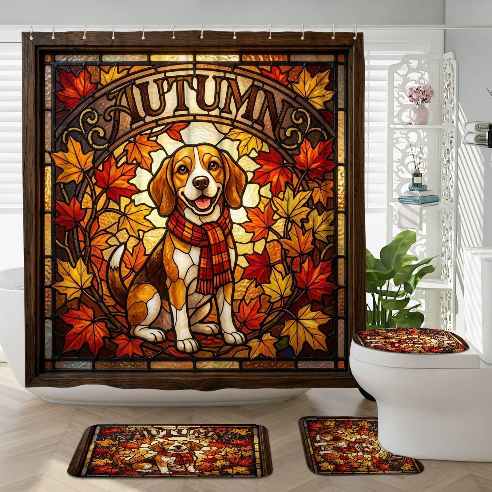 Rideau de douche effet vitrail et tapis de bain haut de gamme pour décoration de bain