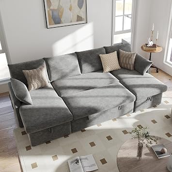 Real Relax 104 U-Shaped Chenille Sleeper Sofa Bed with Storage, Dark Gray | Hidden Storage Space, Side Storage Pockets, Pillows with Zippers, Foam Seat Cushion