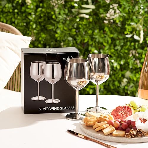Miniatura 4 de Oak & Steel - 2 copas de vino de acero inoxidable plateadas (18 onzas), copas de vino de metal irrompibles, copas de vino con caja de regalo para
