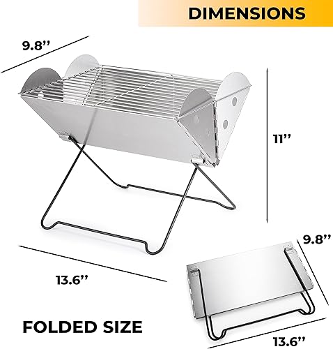 Miniatura 3 de ZONETECH Parrilla portátil de acero inoxidable y hoguera, parrilla de carbón de mesa, plegable, calidad premium, uso versátil, parrilla de barbacoa