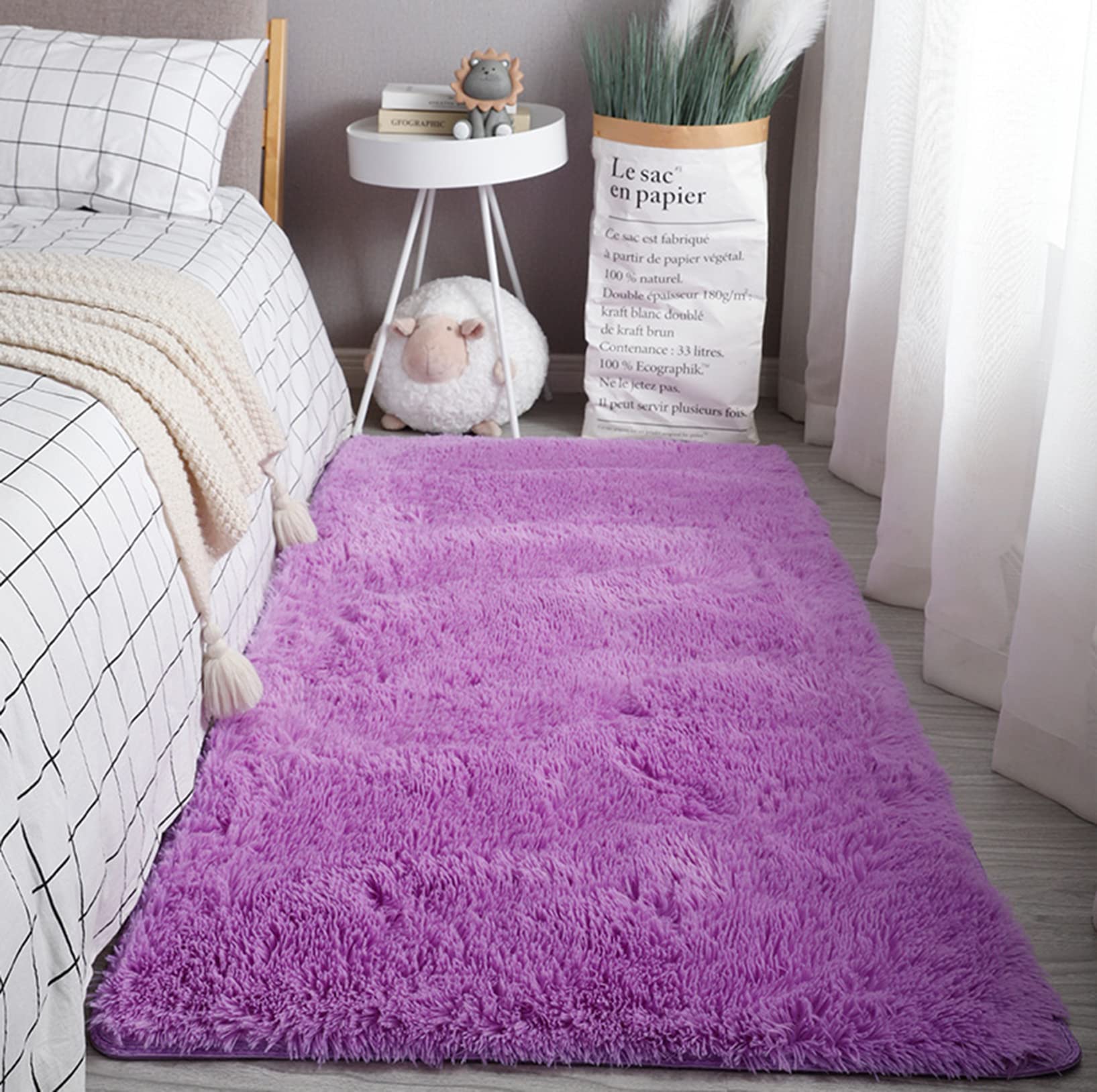 Tapis 160x240cm poils longs pourpre en fausse peau de mouton