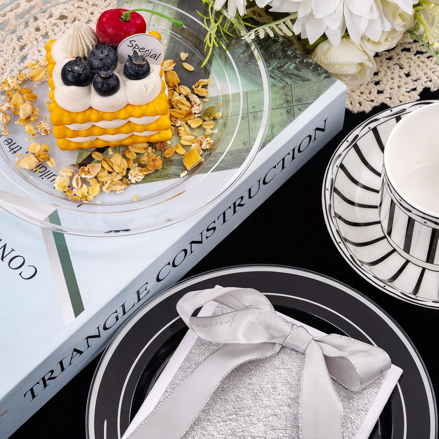 I00000 100Pcs Clear Silver Plastic Plates,Silver Rim Plates 7 Inch,Heavy Duty Premium Clear Dish for Wedding Party Supplies for Salad Dessert Cake - Image 8