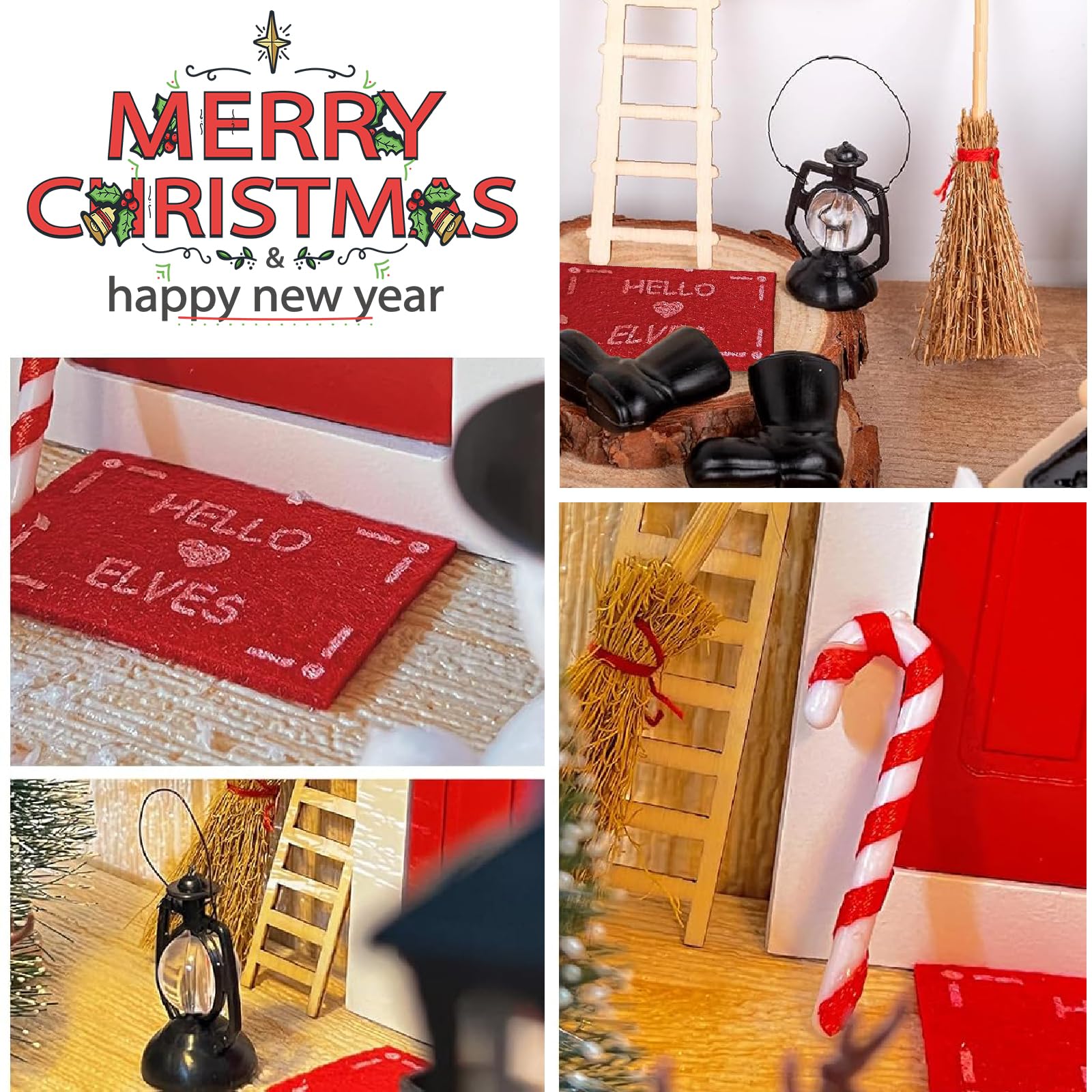 12 PCS Porta Elfo Natale Kit, Set di Decorazioni Natalizie in Miniatura, Decorazioni Natalizie, Porta Elfo Natale Kit Apribile con Albero di Natale, Ghirlanda, Stivali, Scopa, Lanterna, Tappeto Etc