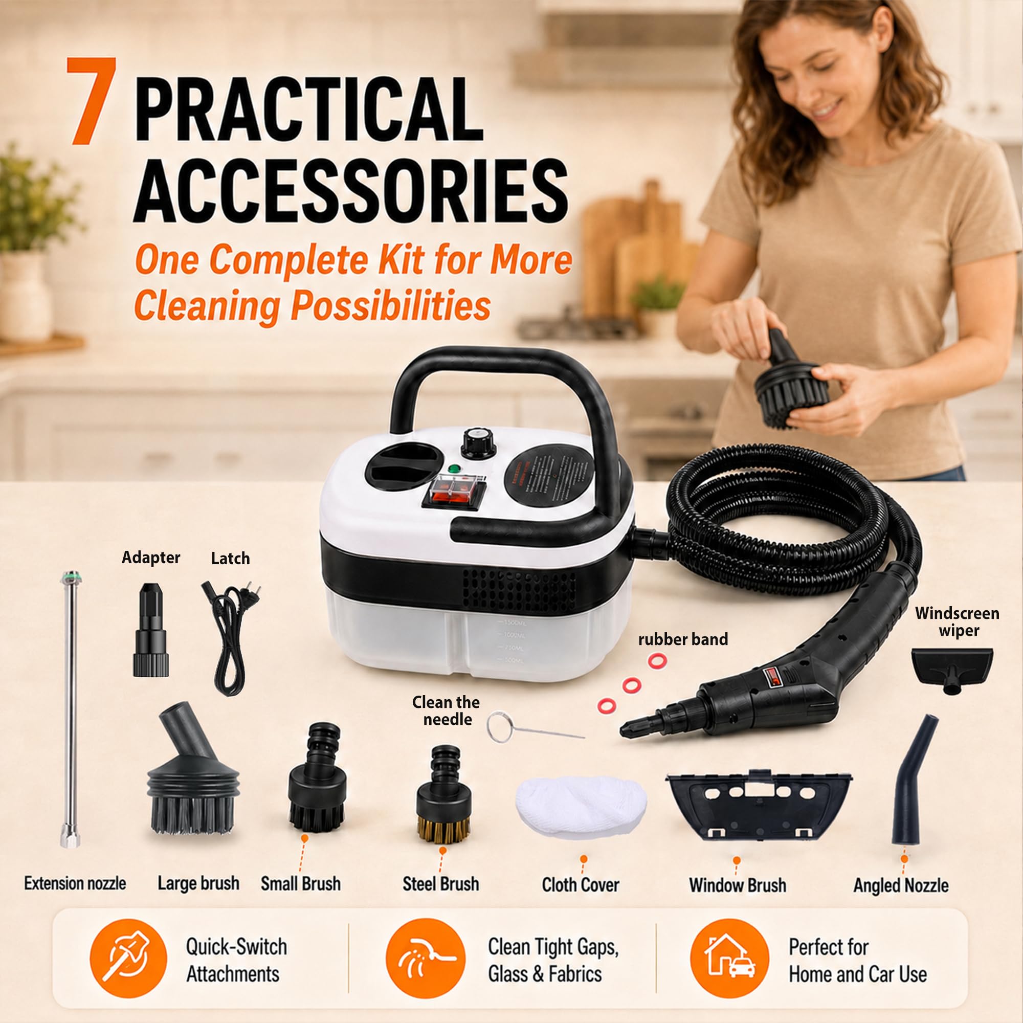 auvstar Limpiador a Vapor Portátil 2500W, 6 Niveles Ajustables, Depósito 1200ml, Vaporeta Multifunción, Steam Cleaner para Cocina, Baño, Coche, Ventanas, Suelos