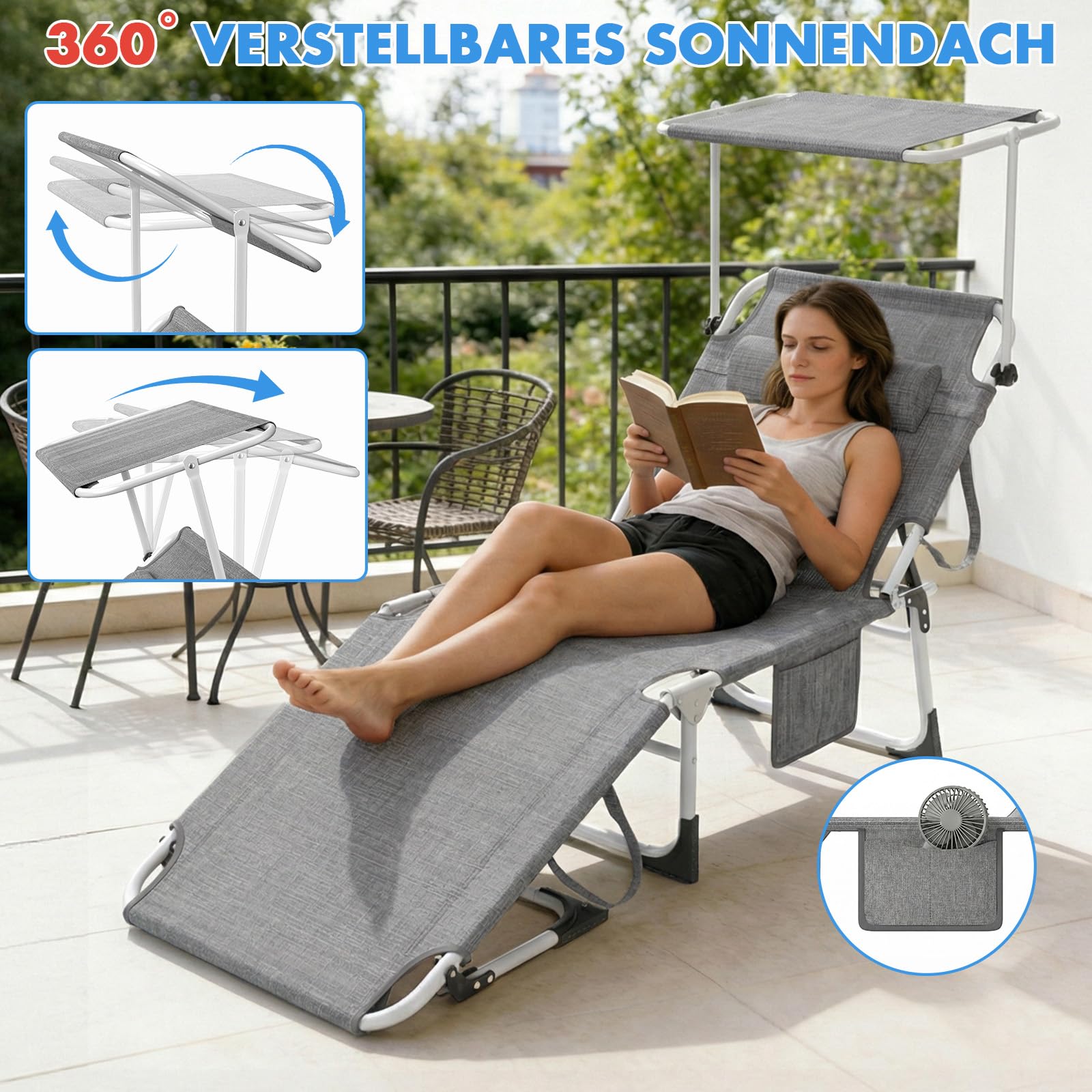 Huracan Groß Sonnenliege klappbar, Gartenliege mit Dach, Liegestuhl mit 4-Fach Verstellbarer Rückenlehne & Seitentasche, wetterfeste Strandliege bis 100kg belastbar, für Garten Pool, Grau