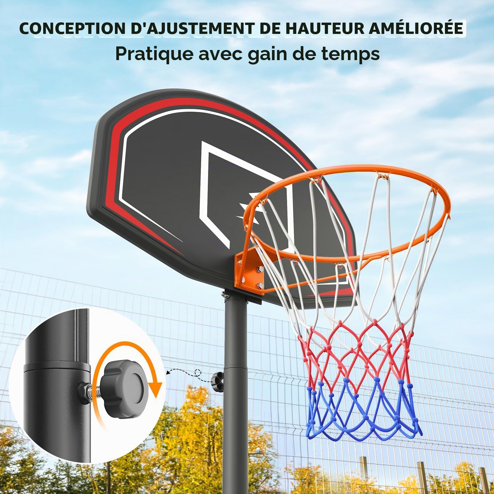 YOLEO Panier de basket extérieur pour enfants, réglable 160-210 cm, système Net System sur roues